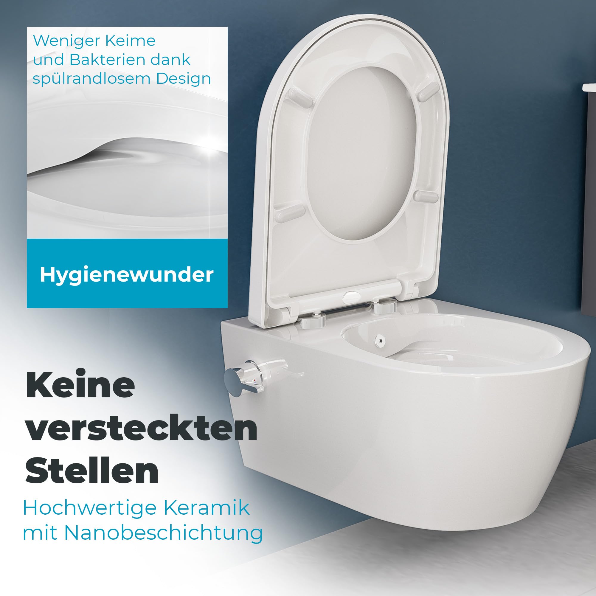 WC Taharet senza brida con rubinetteria, sedile Softclose removibile e rivestimento doccino/WC, toilette con doccino intimo con funzione bidet, Shattaf