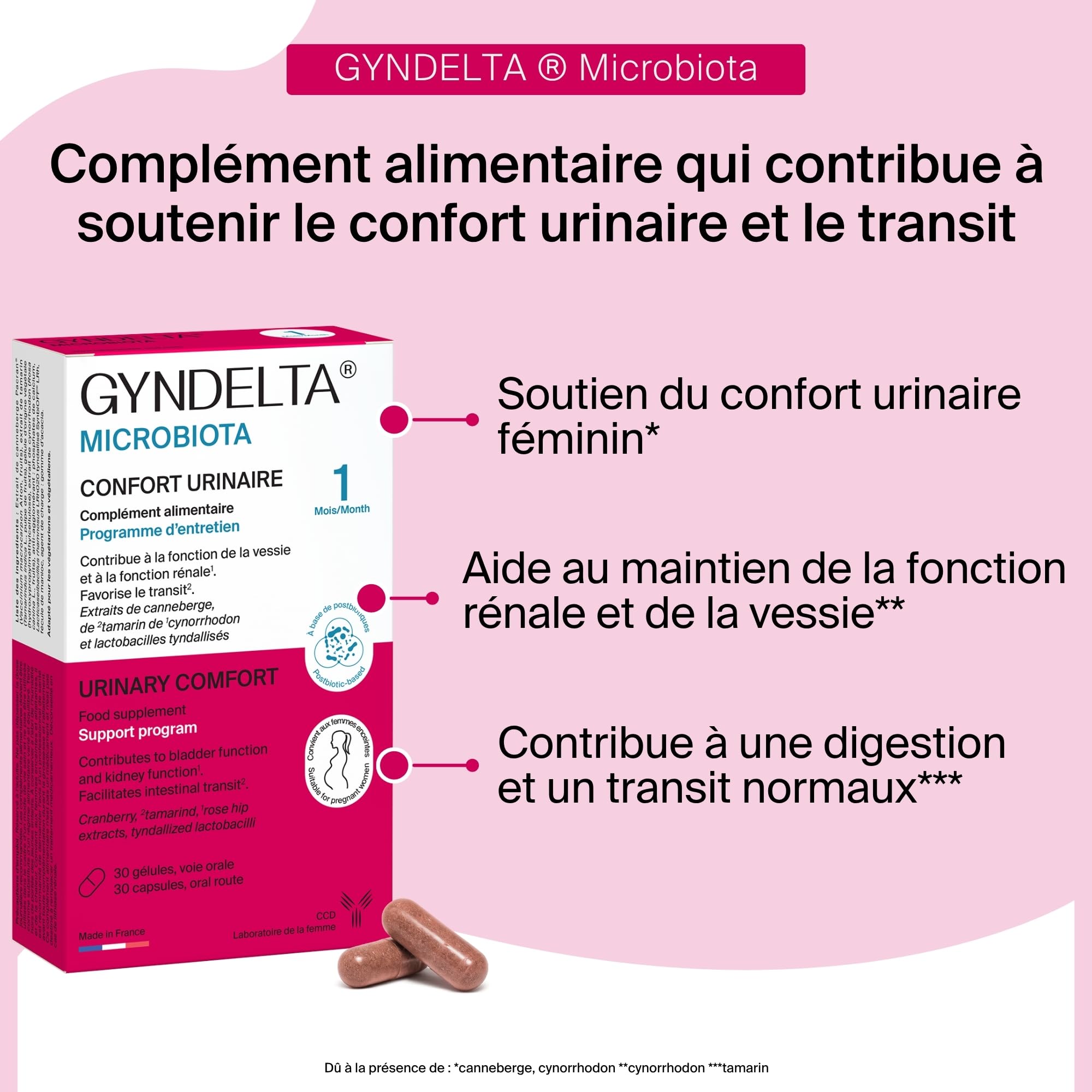 GYNDELTA® Microbiota | Confort urinaire et digestif de la femme | Canneberge Pacran®, Tamarin, Cynorrhodon & probiotiques | 30 gélules végétales | Cure 1 mois | Fabriqué en France