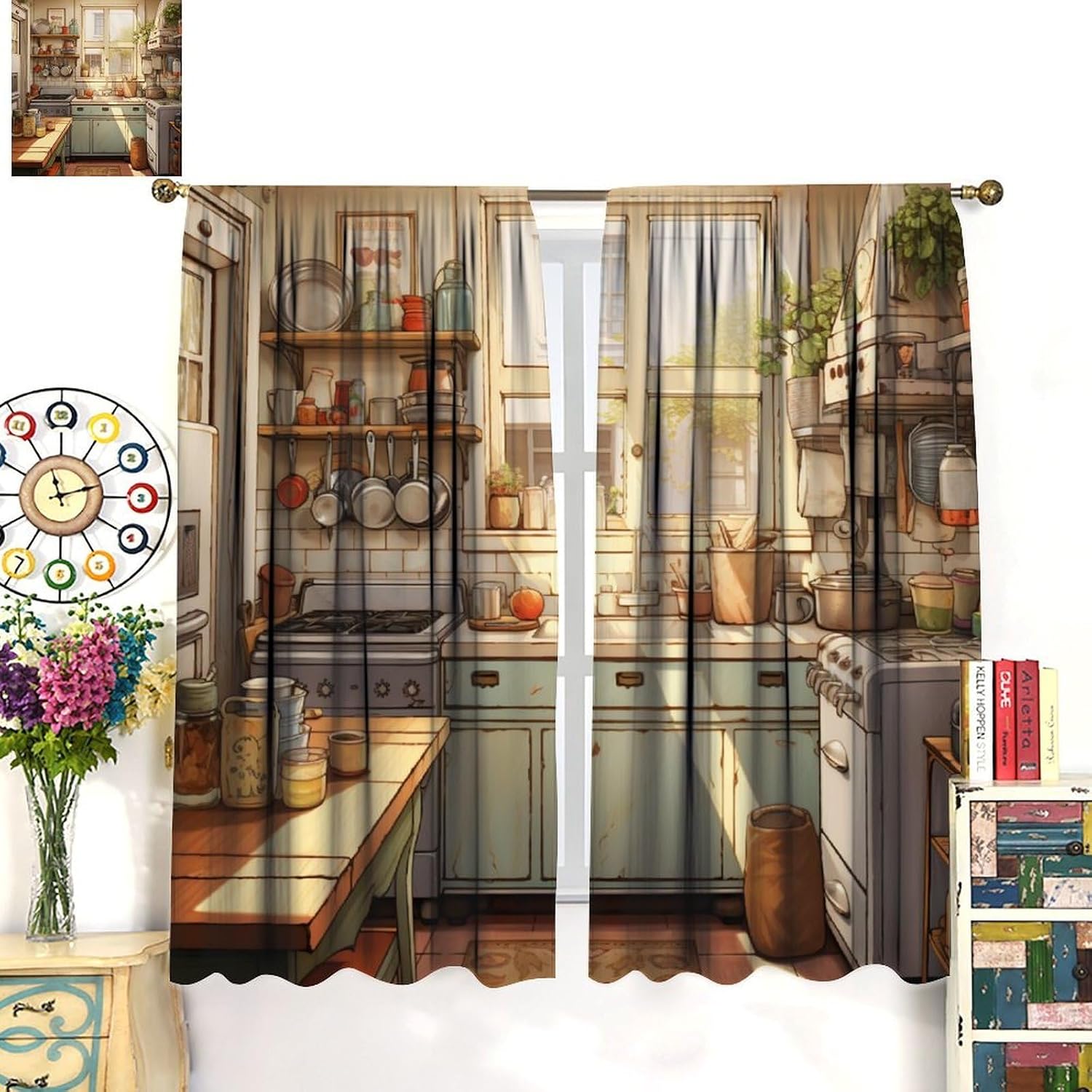 Rustic Farmhouse Kitchen Curtains Cartoon Country Farmhouse Vintage Pattern Window Drapes for Bedroom Living Room Kitchen Cafe （W20xL45 Inch） x2 Decor