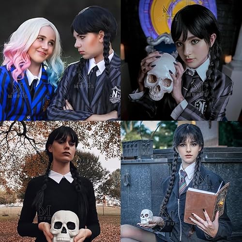 Miniatura 8 de Peluca trenzada negra con flequillo, peluca larga trenzada para cosplay, disfraz de Halloween, pelucas para mujeres