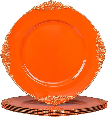 MAONAME Platos de carga naranja con borde dorado, cargadores redondos de platos antiguos para platos de cena, cargador de plástico de 13 pulgadas