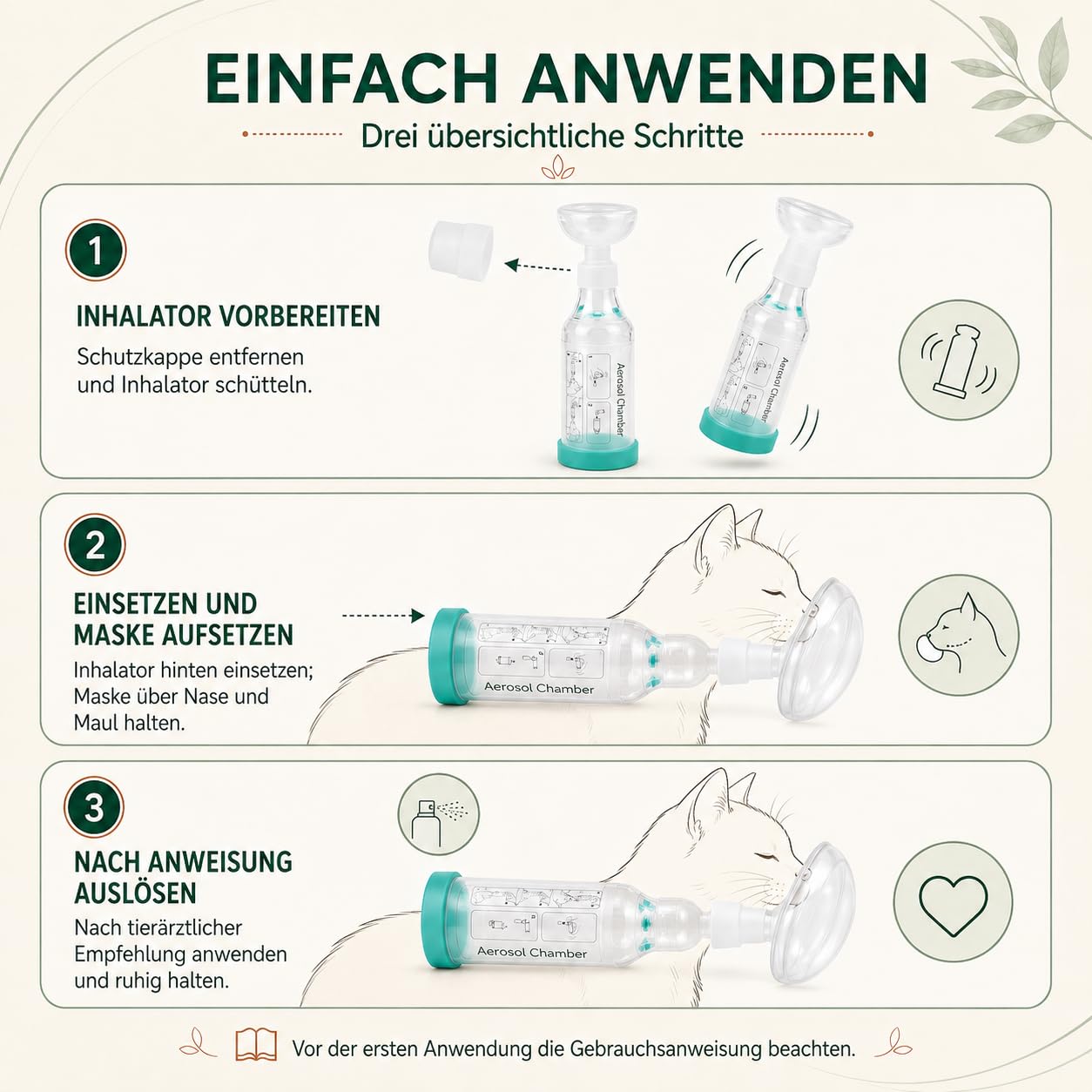 Katzen Inhalator Spacer Aerosolkammer mit 2 Silikonmasken Gruen | Medizinisches Silikon, Antistatische Kammer, Geräuscharmes Design, Zwei Maskengrößen, Sichtbarer Atemindikator