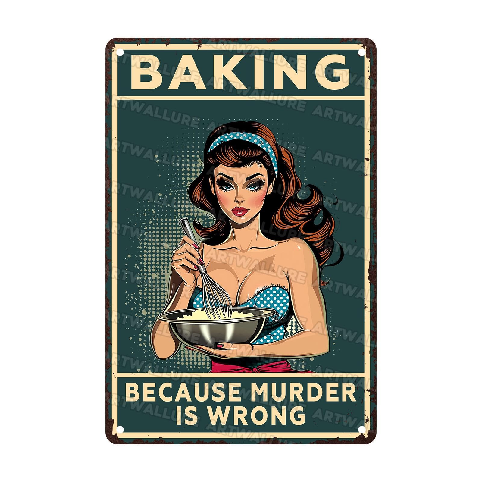 Vintage Metal Tin Sign Baking Because Murder Is Wrong Kitchen Decor Retro Wall Art Rustic Tin Plaque for Women Home Cafe Bar 8x12Inch
