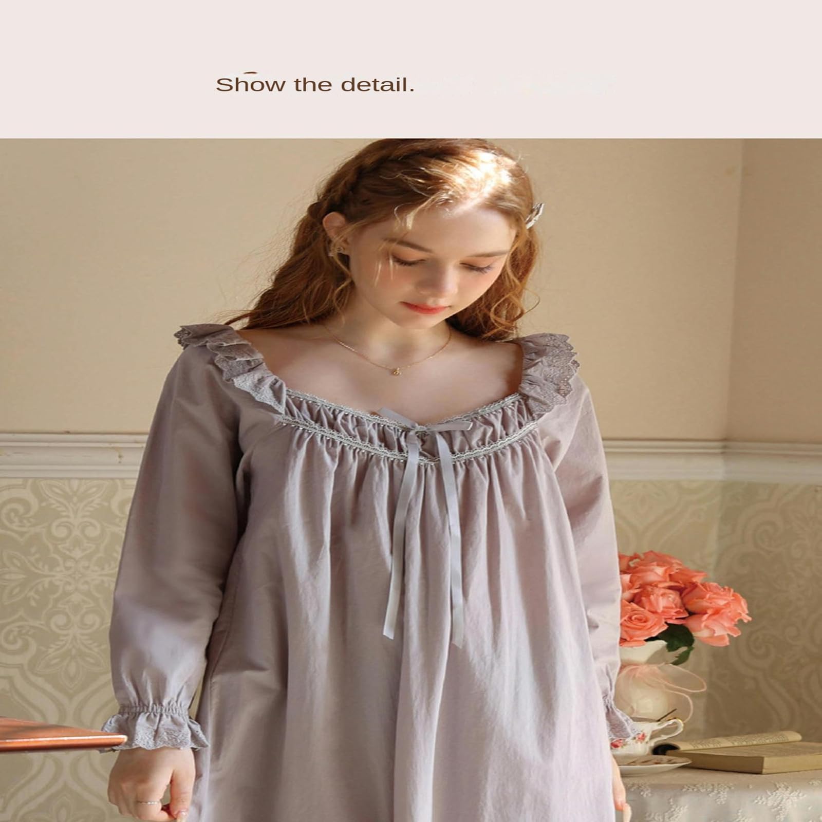 Camicia Notte Donna Nightdress Women's Spring And Autumn Autunno Sweet Princess Pigne Girls Long Dress Long Cotton-Viola-l
