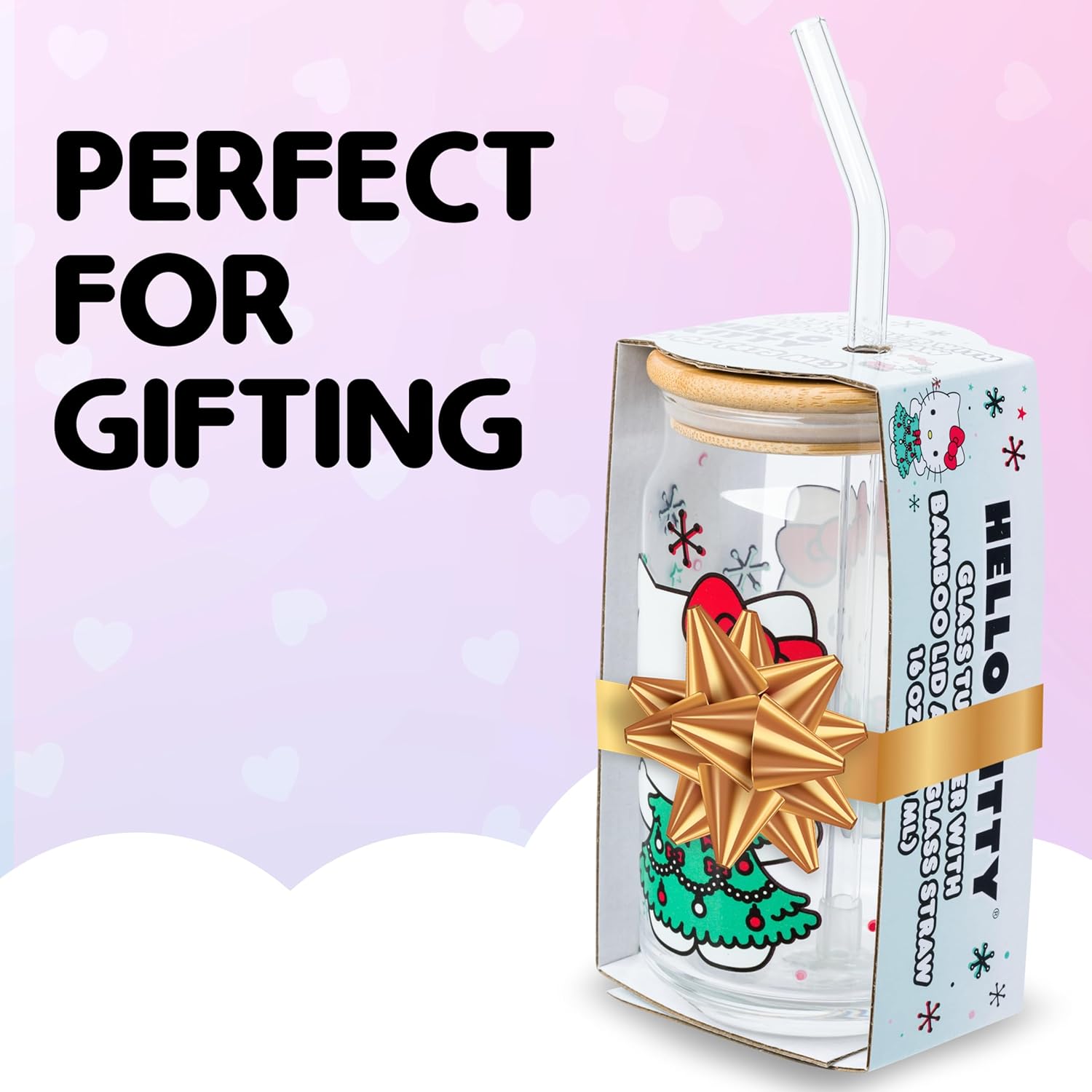 Silver Buffalo Sanrio Hello Kitty Holiday Glass Tumbler with Bamboo Lid and Glass Straw, 16 Ounces - Image 7