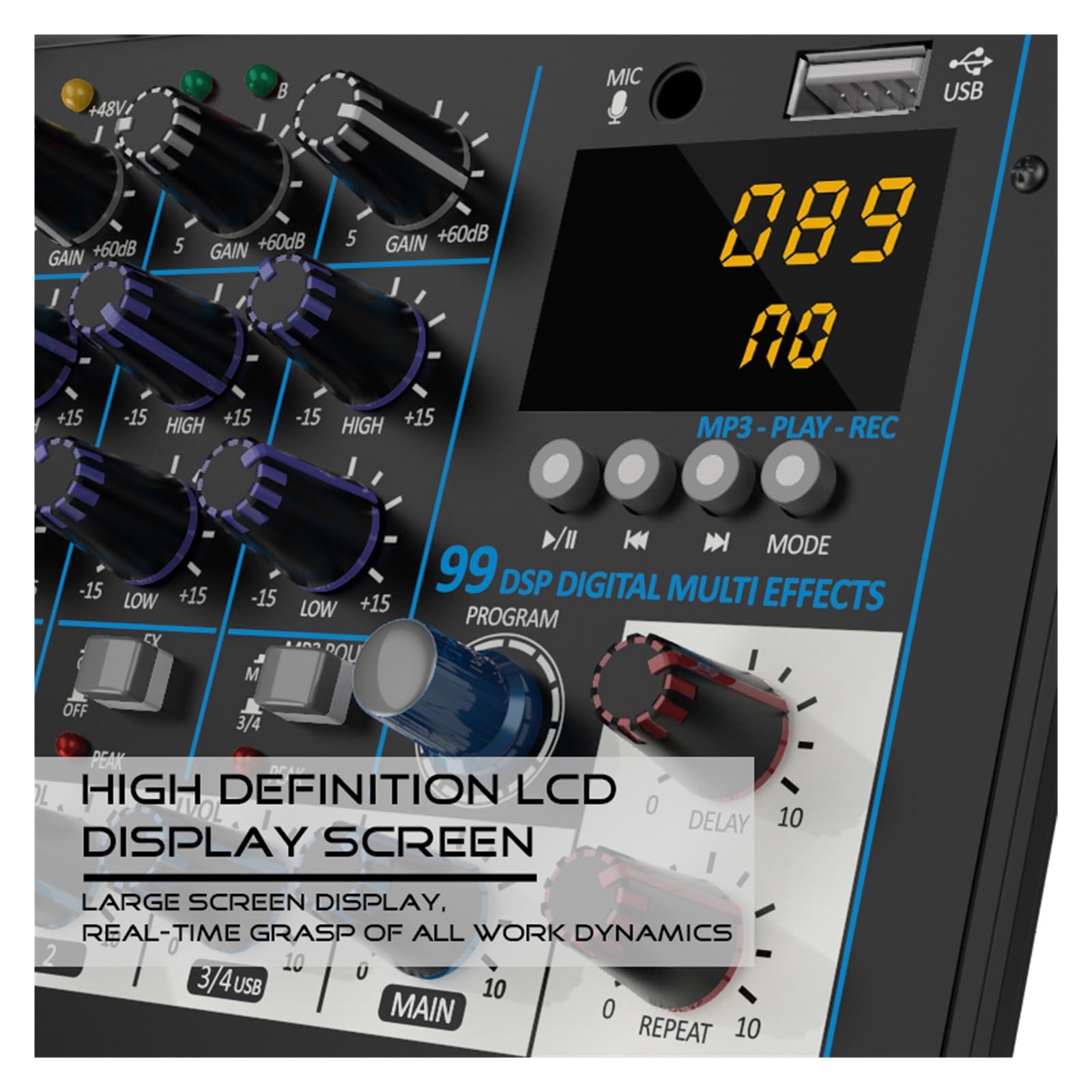 Mikser dźwięku, 4-kanałowa konsola miksera DJ z mikserem Bluetooth UHF bezprzewodowy mikrofon do domowego studia scenicznego(Black MIC)