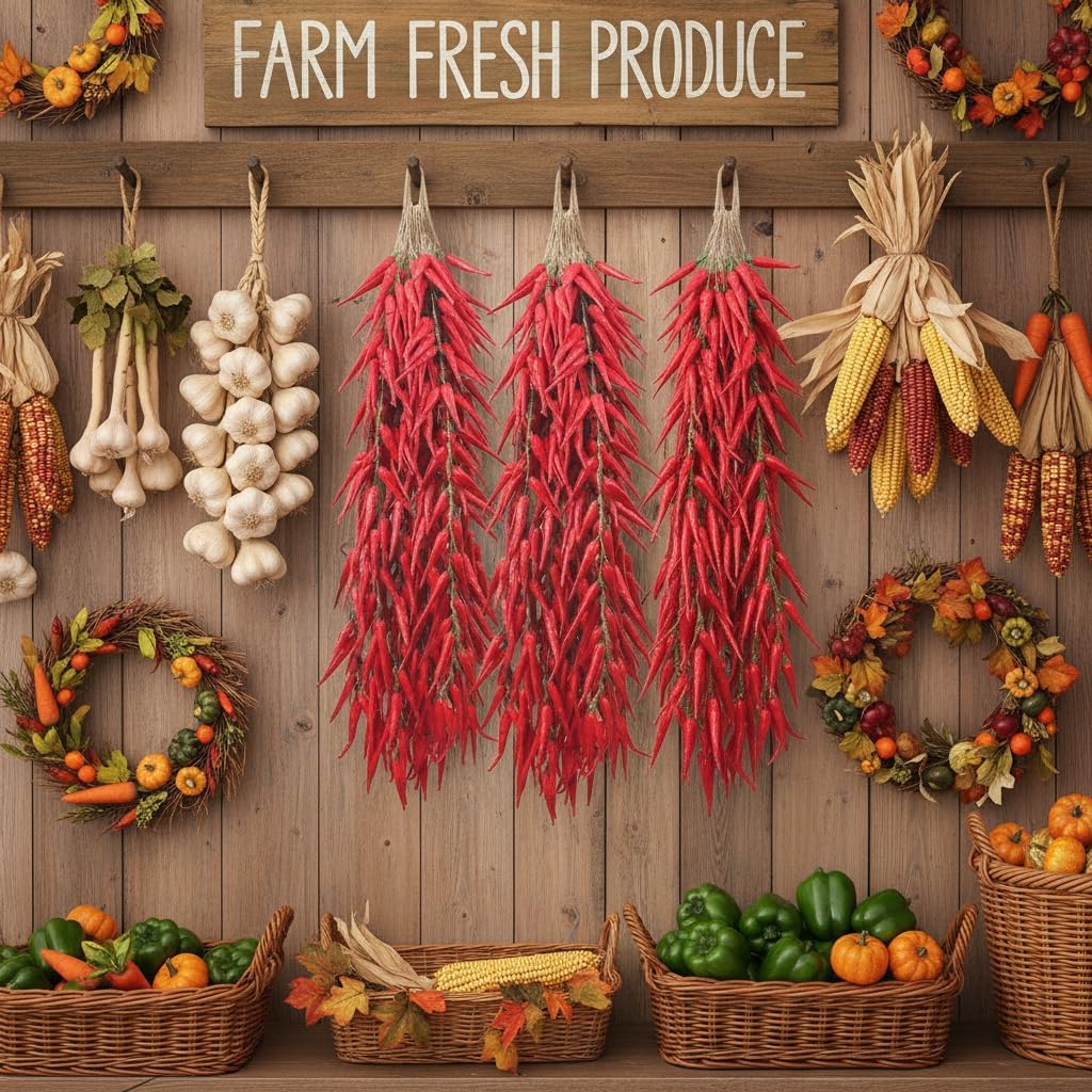 12 Pcs Artificial Peppers String Chili Pepper Decor Fake Vegetables Red Pepper Hanging String Artificial Dried Chili Strings for Home Kitchen Farm Party Wall Photography Props Decoration (Red Chili)
