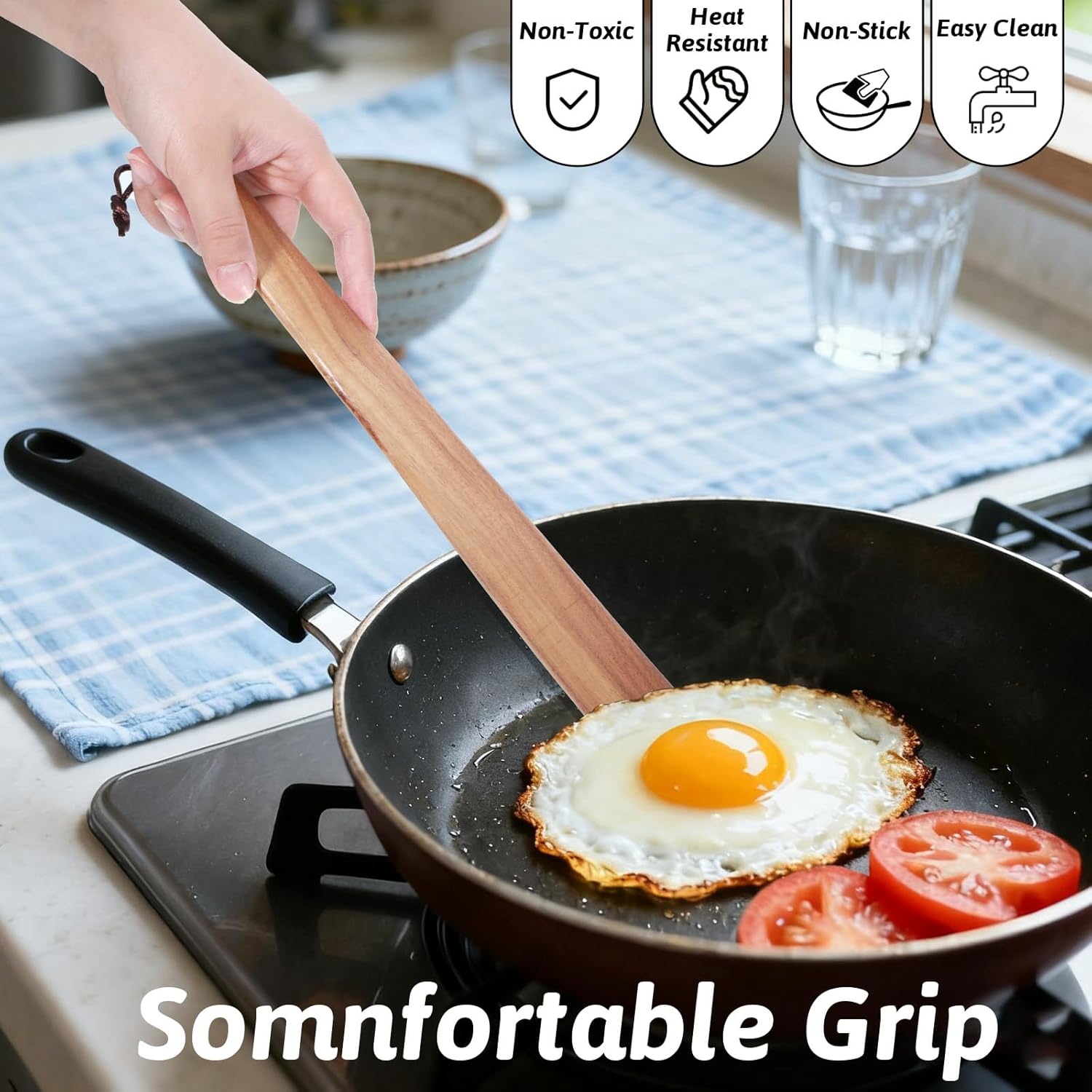 2 PCS Flat Wooden Spatula for Cooking Set, 12 Inch Flat Wooden Spatula and Spurtle Spatulas Flats Steak Turner Woodens Cooking Spoons Woods Spatulas with Thin Edge for Flipping, Stirring, Turning - Image 2