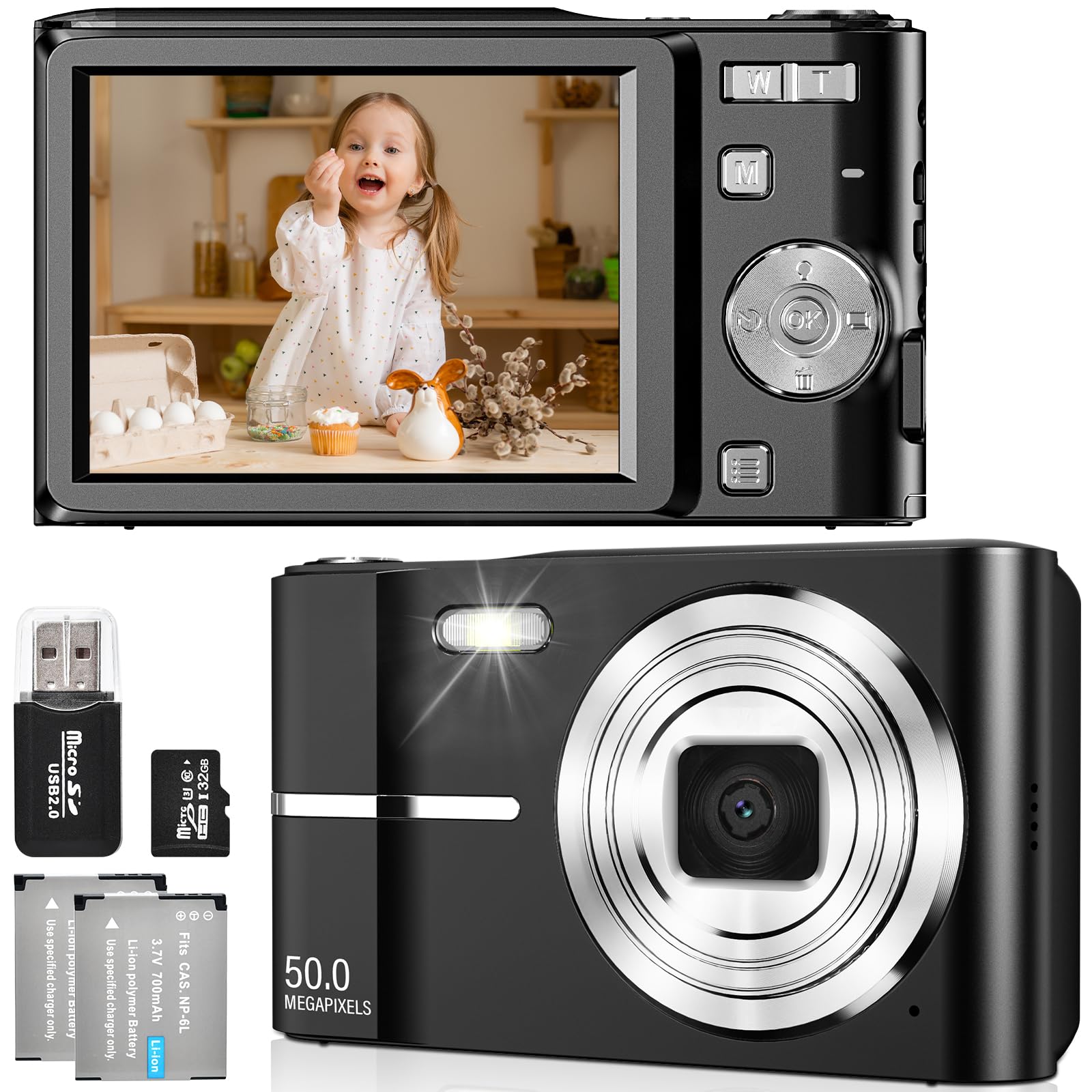 FAYIBUY Digital Camera 50MP 1080P FHD Photo Camera with Auto Focus 16X Digital Zoom Camera Portable Compact Camera with 32GB SD Card for Children Teenagers Beginners Gift (Black)