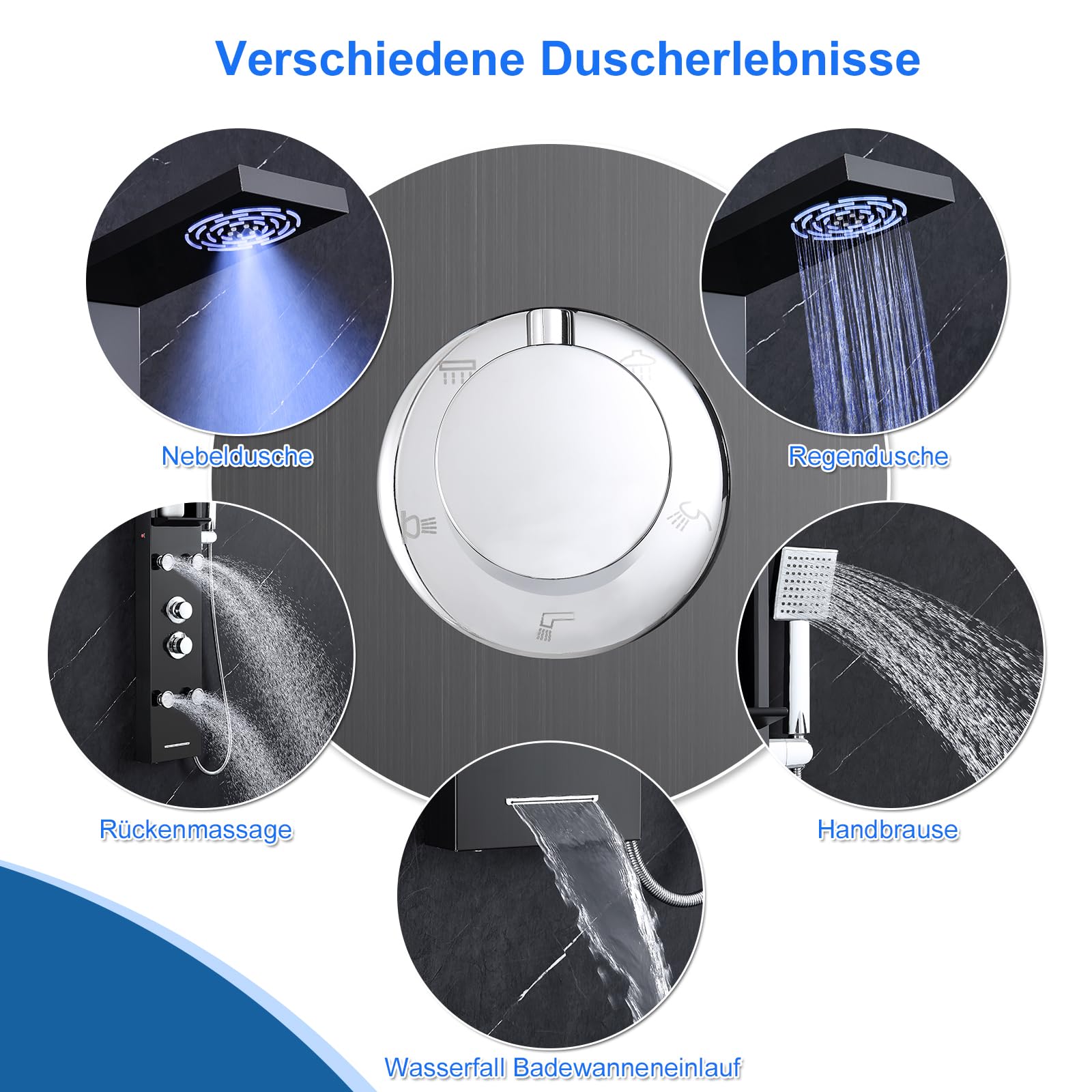 Doccia Multifunzione Pannello Doccia In Acciaio Inox Con Ripiano - 5 Funzioni: Pioggia, Nebbia, Massaggio - Rubinetto Bianco Soffione Pioggia
