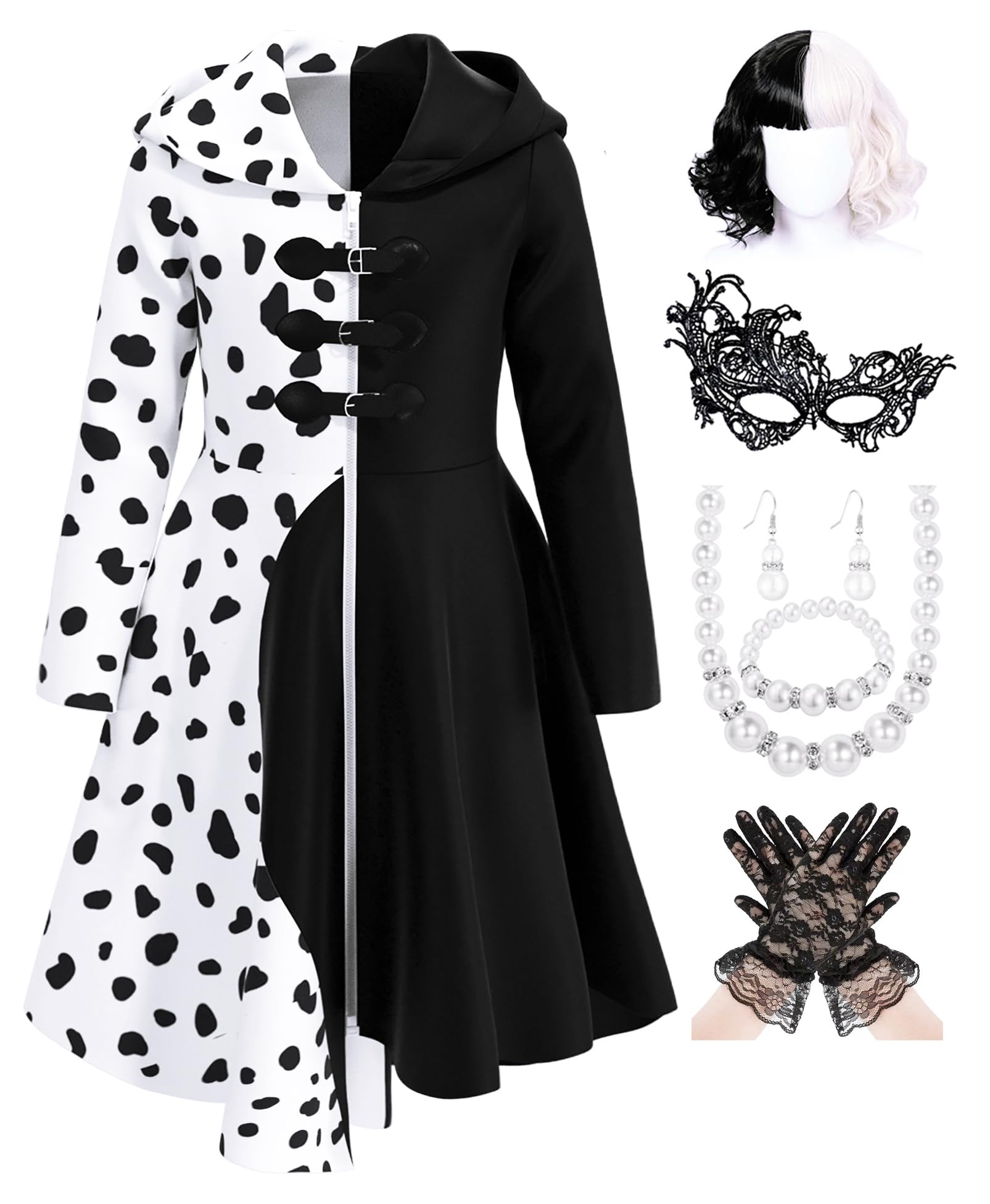Photo 1 of Mecamelon Girls Vintage Halloween Costume Dress Up Dalmatian Print Outfit (10-11 Years, White)