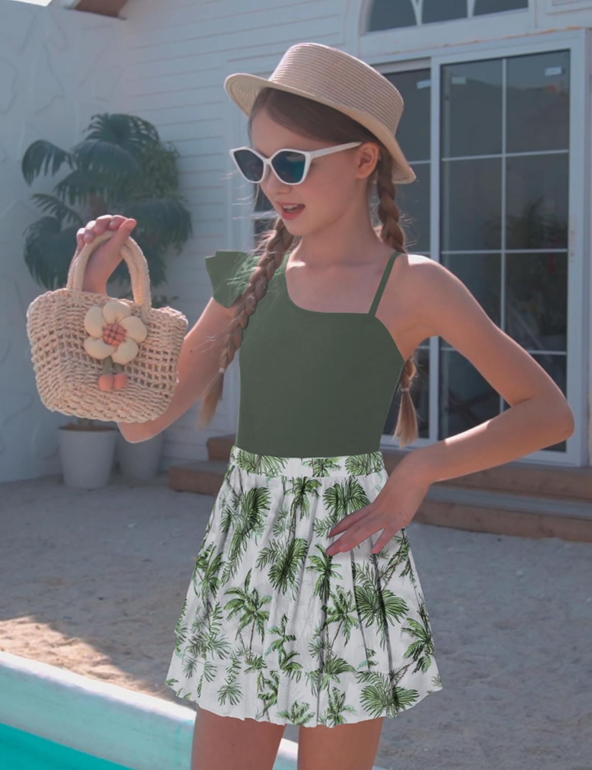 Girls Swimsuit One Piece Swimwear Top with Tropical Print Cover Up Skirt Girls Bathing Suit 7-16 Years - Image 2