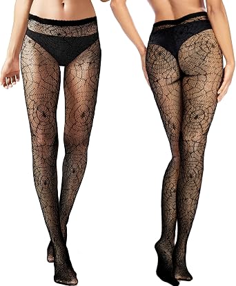 Womens Fishnet Tights High Waist Patterned Stockings, Rhinestone & Spider Web for Party & Halloween