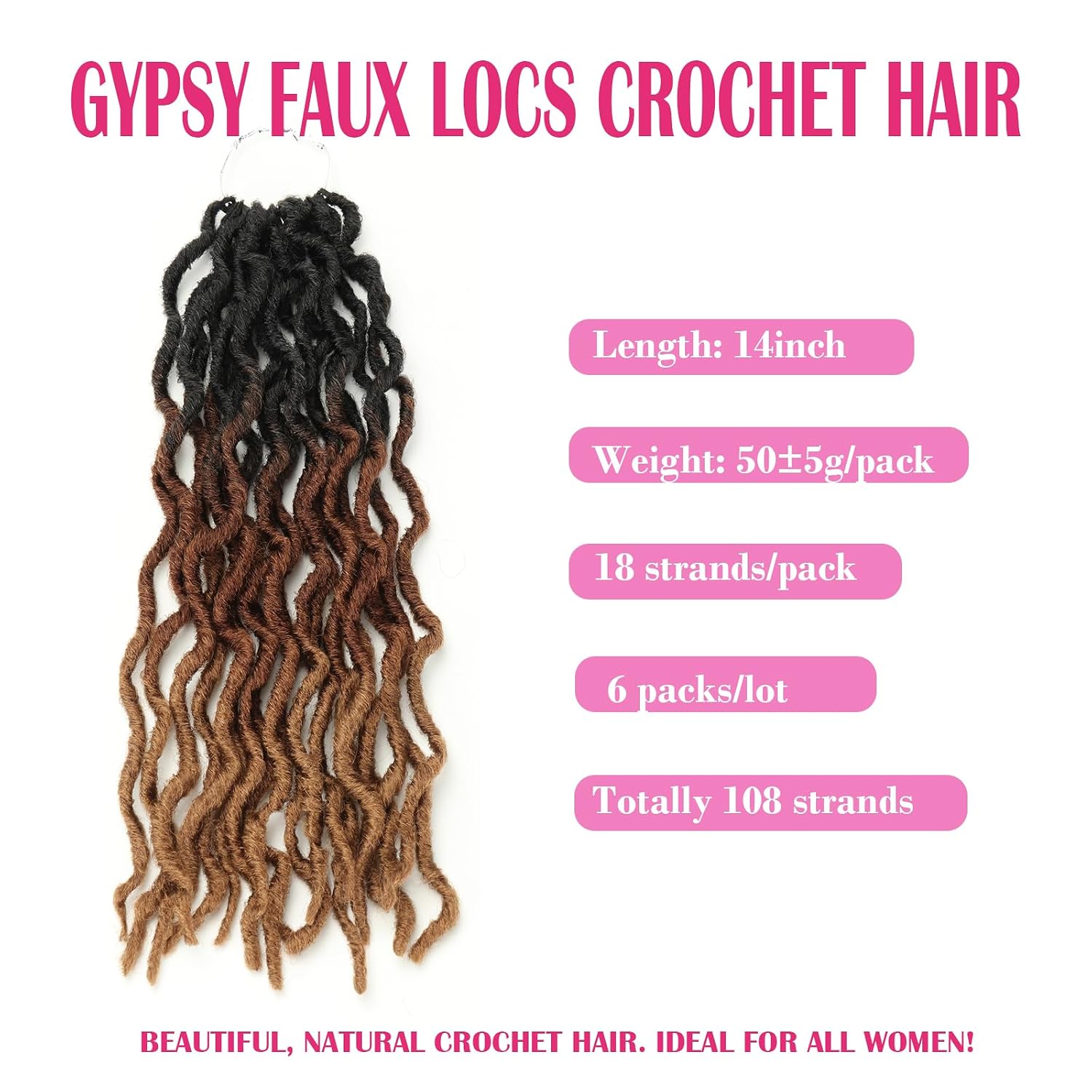 Gypsy Faux Locs Crochet Hair 14inch 6Packs Soft Goddess Locs Pre Looped Crochet Braids Beach Curl Bohemian Dreadlock Hair Extensions（14inch,OT1B/30/27）
