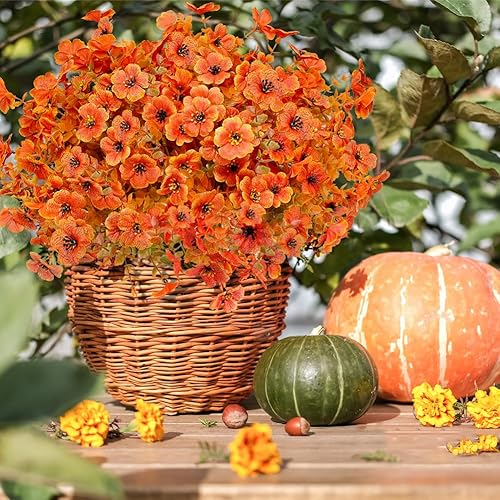Miniatura 3 de Paquete de 12 flores artificiales de otoño naranja, para interiores y exteriores, tallos florales de seda sintética para el hogar, jardín, porche,