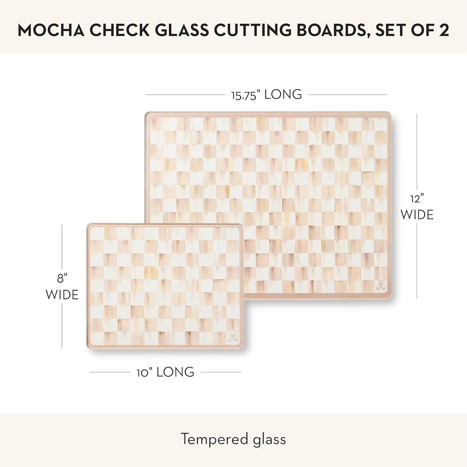 MACKENZIE-CHILDS Set of 2 Tempered Glass Cutting Boards, Countertop Cutting Boards, Brown-and-White Mocha Check