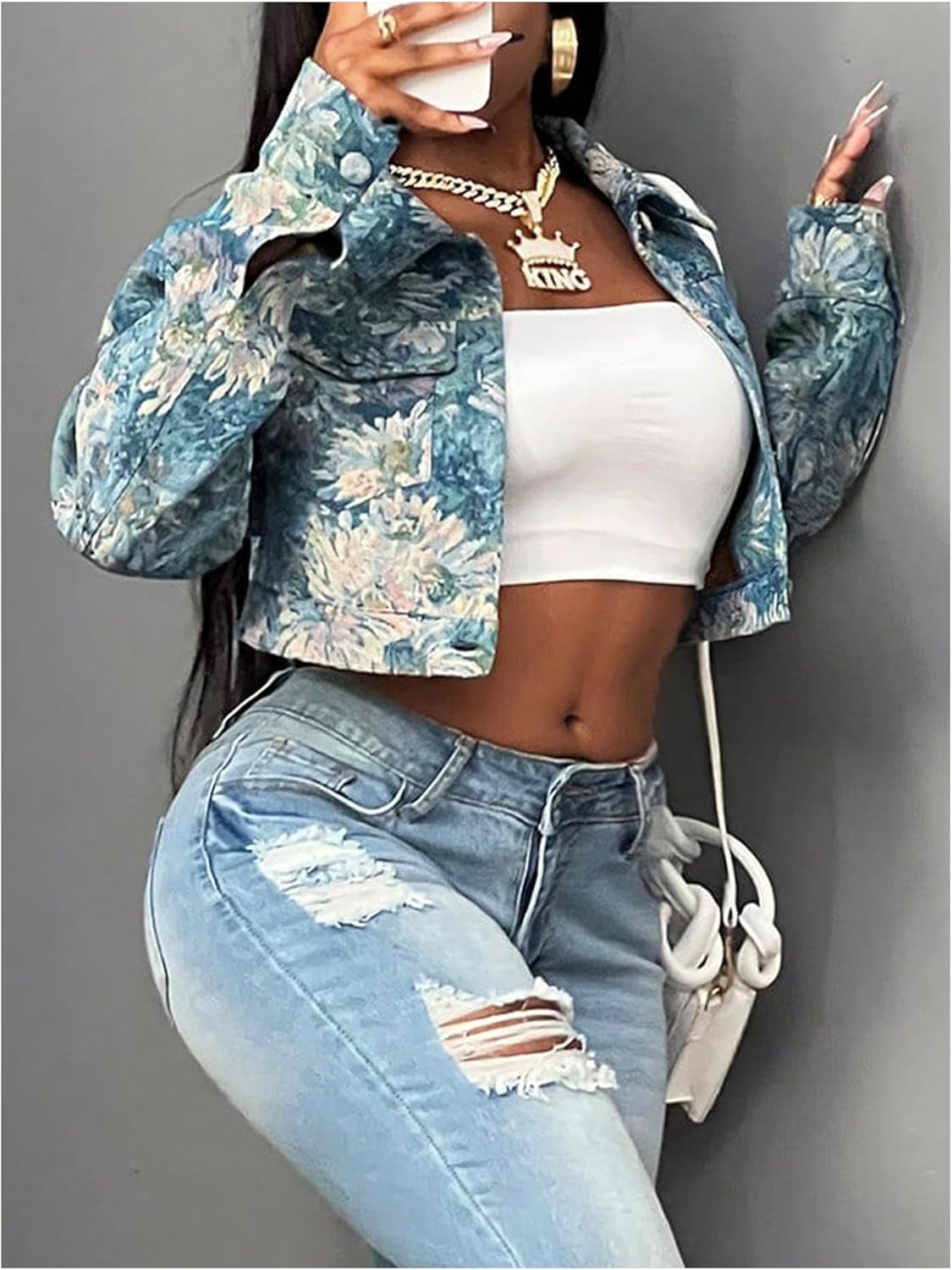 SweatyRocks Women's Cropped Bomber Floral Jacquard Jacket Long Sleeve Button Down Y2K Trendy Crop Varsity Jackets - Image 4