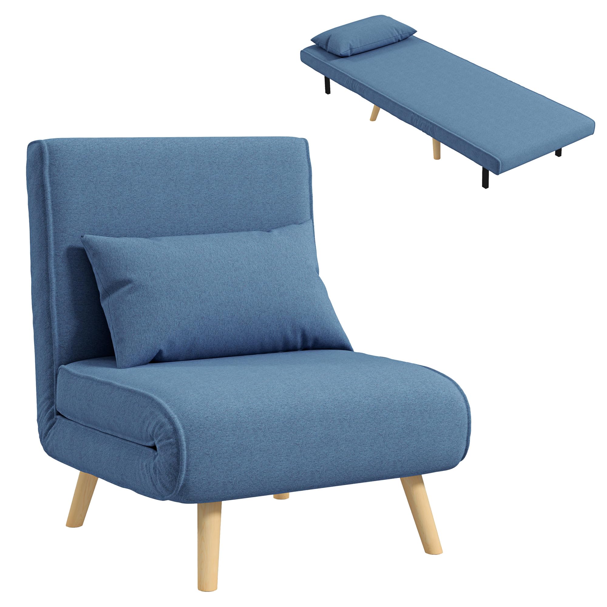 HOMCOM 3 en 1 Fauteuil Convertible 1 Place, Fauteuil lit et chauffeuse - Dossier inclinable 5 Niveaux et Oreiller Inclus, siège rembourré - pour Bureau, Salon, Chambre à Coucher, Bleu