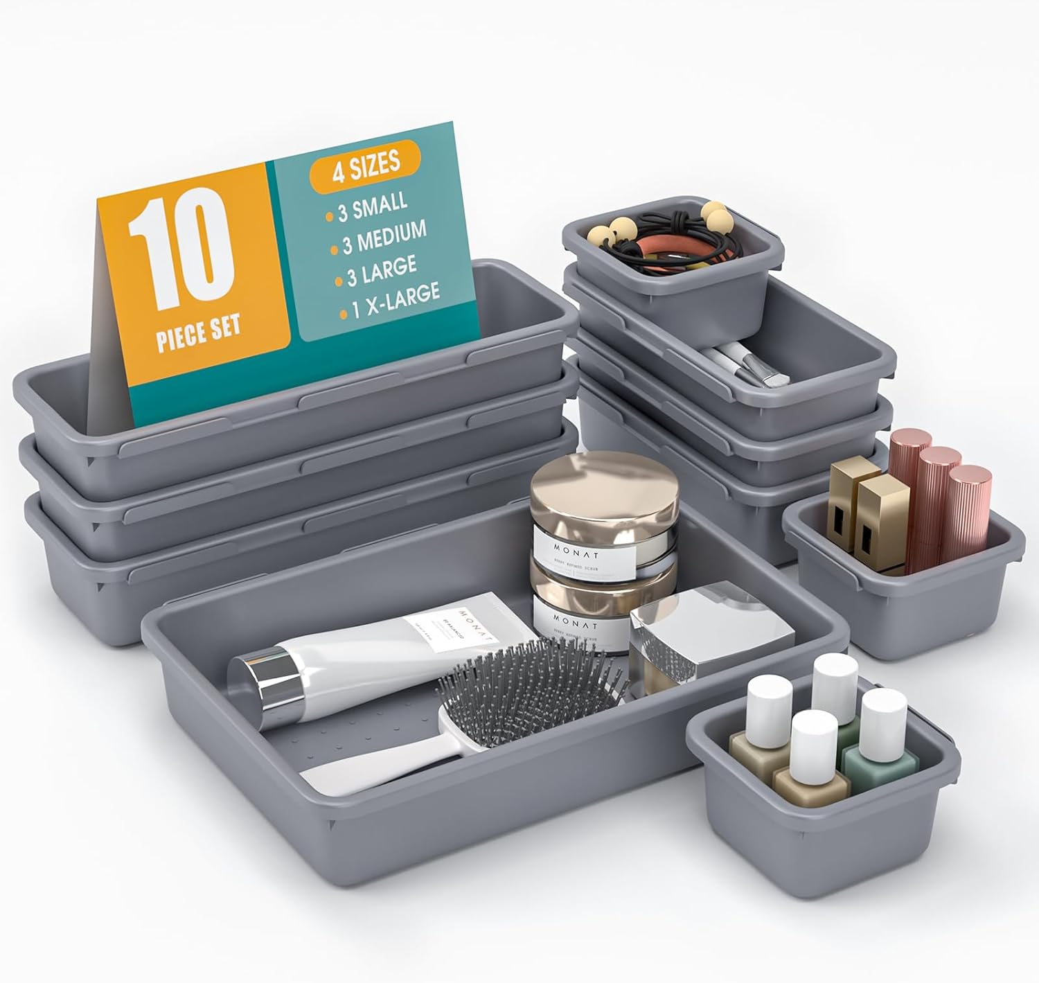 10 PCS Drawer Organizer Set, 4 Size Makeup Drawer Divider Organizer With Non-Slip Pads, Interlocking Plastic Storage Bins for Office,Jewelry Vanity,Gadgets, Bathroom,Kitchen, Grey