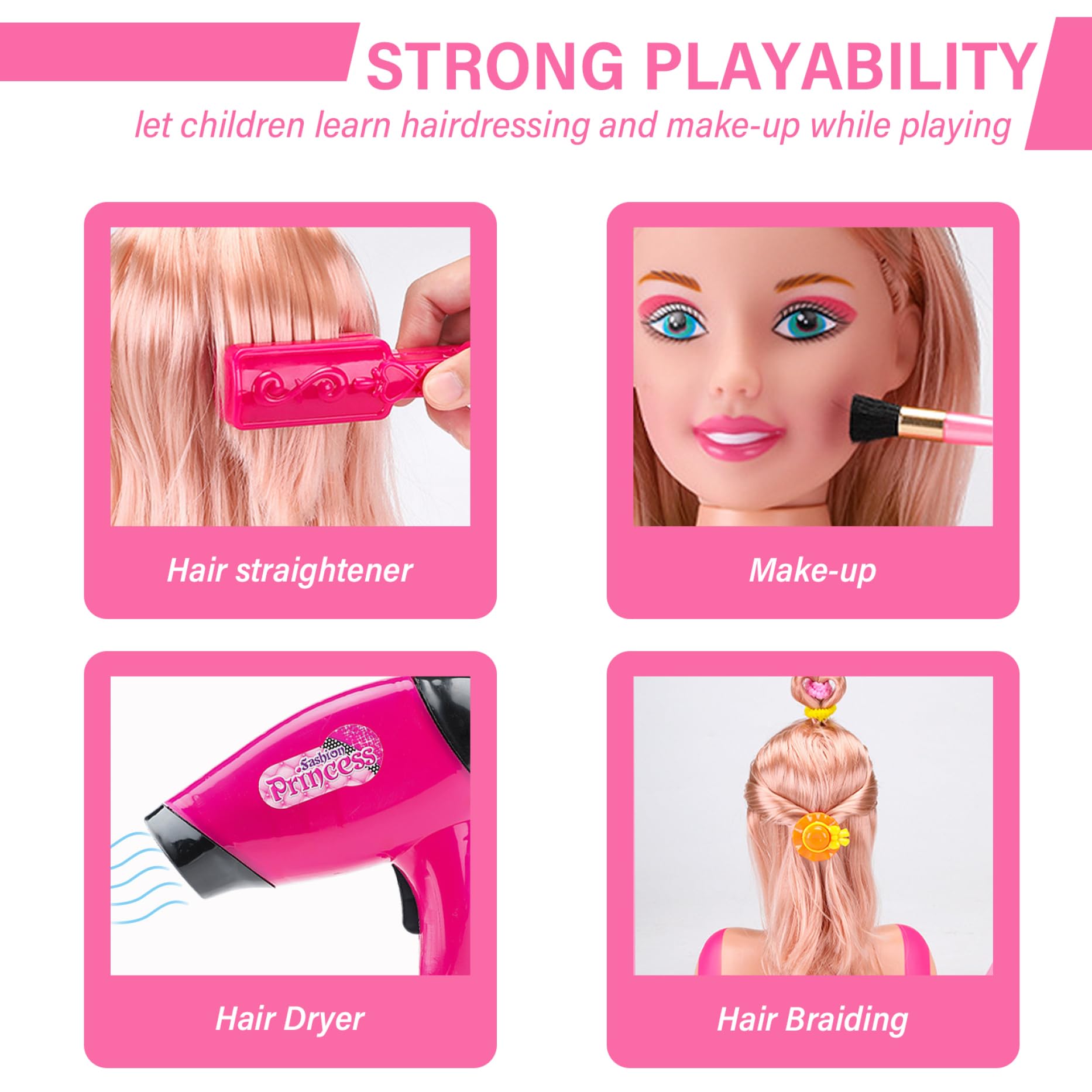 Jorzer Cabeza de muñeca para peinar el Cabello 35 Piezas/Juego de Cabeza de muñeca simulada para niños con secador de Pelo a batería Aprendizaje imaginativo y Maquillaje Juguetes para niñas Estilo 2