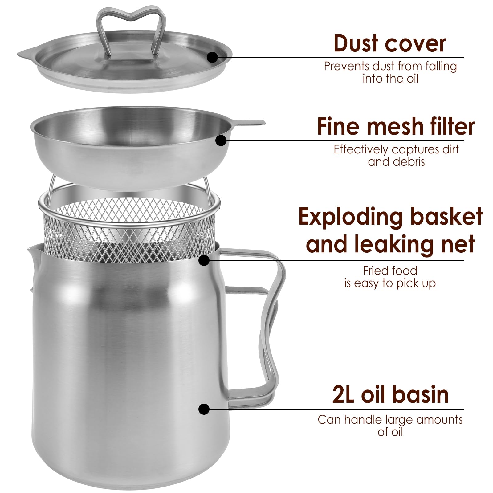 Oil Filter Pot with Basket 2L Stainless Steel Oil Strainer Pot with Lid and Fine Mesh Strainer Oil Storage Can,Bacon Grease Container,Multi-Functional Oil Filter Tank for Kitchen Cooking - Image 3