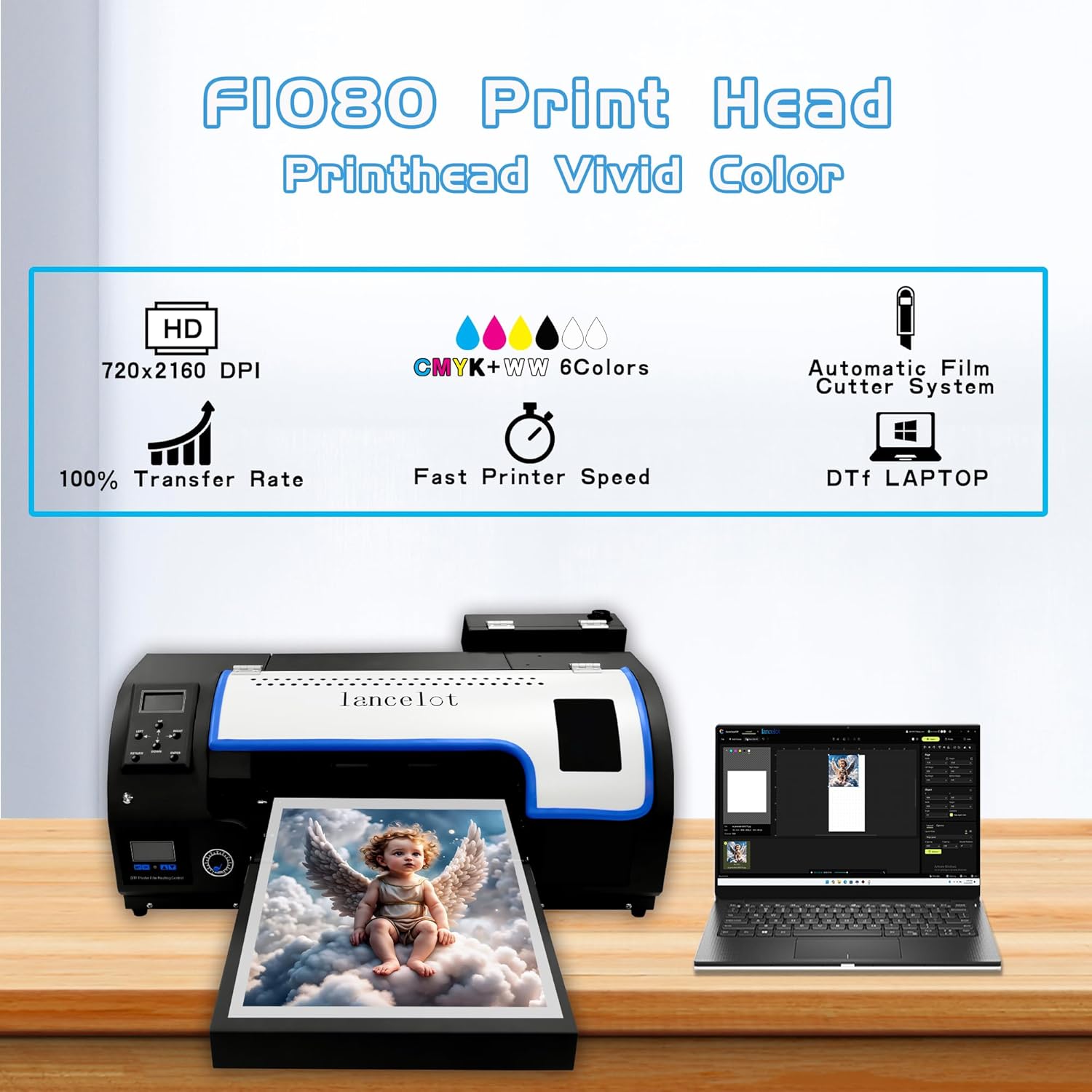 Lancelot M1630 Pro DTF Printer Bundle with Laptop 13" Auto-Maintenance DTF Printer 2X Speed of L1800 White Ink Circulation & Auto Cutter for T-Shirt, Apparel, and Fabric Printing