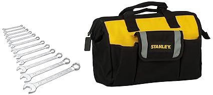 STANLEY STST512114 12'' Multipurpose Tools Storage Water Proof Open Mouth Bag (Yellow-Black)+STANLEY 70-964E Chrome Vanadium Steel Combination Spanner Set with Maxi-Drive system (12-Pieces)