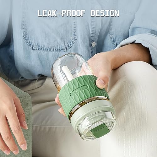 Miniatura 5 de Vaso de vidrio de 16 onzas con popote y tapa, taza de café de vidrio de doble bebida con funda de silicona, vaso de café a prueba de fugas para