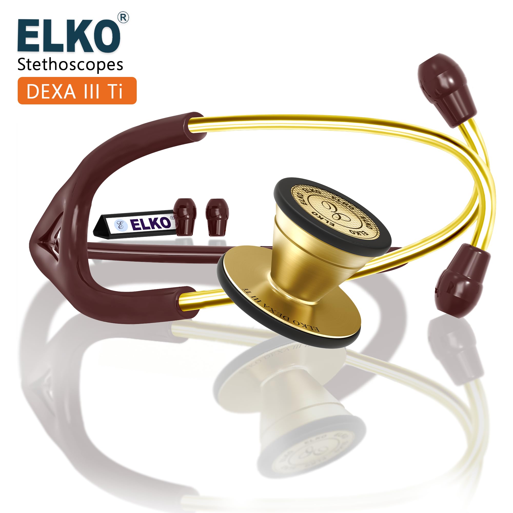 ELKO EL-250 DEXA III Ti Golden Edition Titanium dual head acoustic stethoscope | Adult & Pediatric Stethoscope with Double-sided Natural Titanium Chestpiece | Two-Way PVC Tubing | Doctors & Medical Students (Brown) - Image 3 thumbnail
