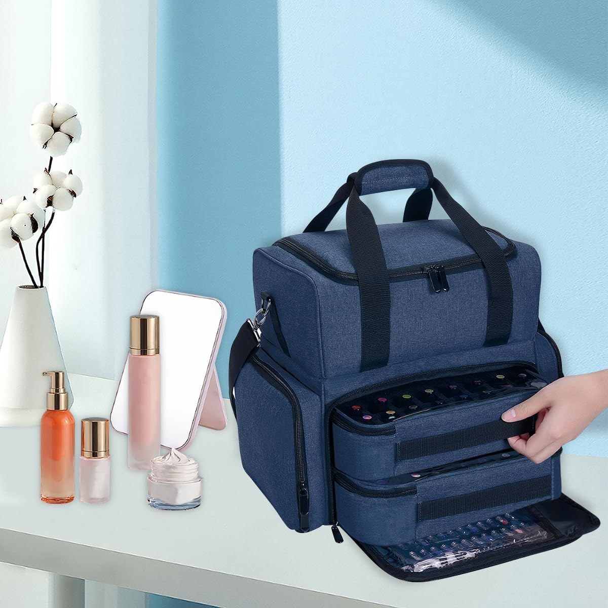 Large Makeup Bag with 2 Removable Case Multifunctional Cosmetic Bag Double Layer Travel Toiletry Organizer,Blue