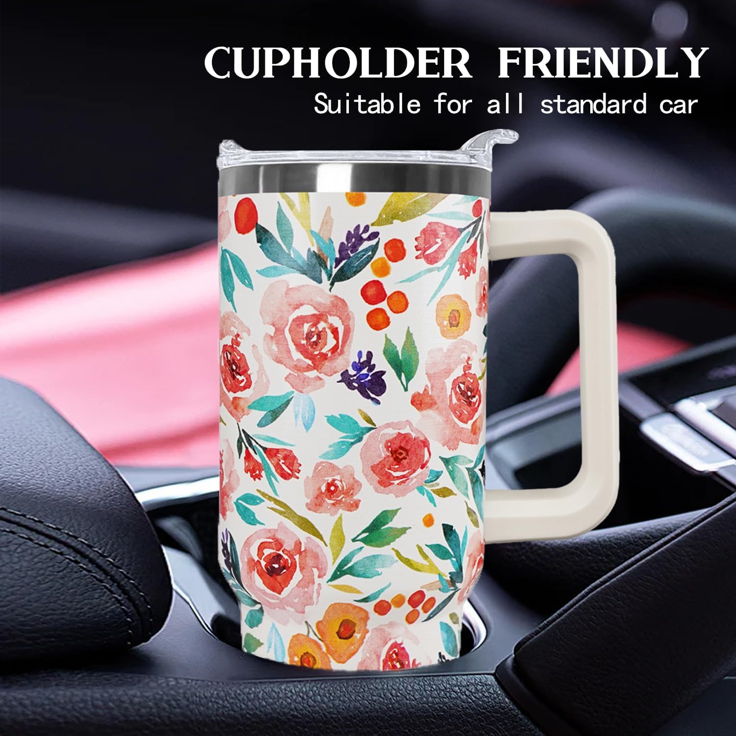 Ceovfoi Flower Tumbler with Handle Lid and Straw,40 Oz Watercolor Rose Bouquet Floral Tumbler Water Bottle Travel Coffee Cup Mug,Flower Gifts for Women,Flowers Decor,Accessories - Image 7