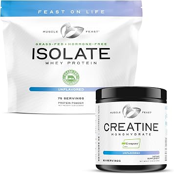 Muscle Feast Creapure Creatine Monohydrate - Unflavored 300g x1 and Isolate Whey Protein Powder - Unflavored 5lb x1 - Muscle Recovery and Performance Bundle