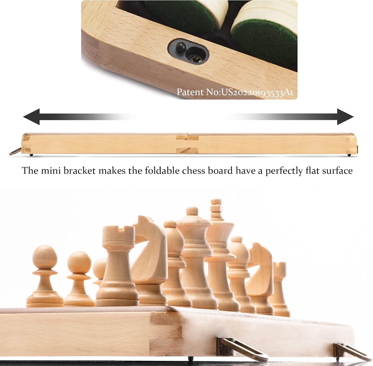 A&A 15 inch Wooden Folding Chess & Checkers Set w/ 3 inch King Height Staunton Chess Pieces - Beech Box w/Maple & Walnut Inlay