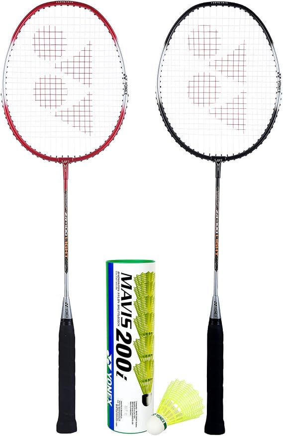 Yonex ZR 100 Light Badminton Combo (Set of 2 Yonex ZR 100 Light Badminton Racquet with Full Cover Black/Red + Mavis 200I Shuttlecock Pack of 6),Aluminium