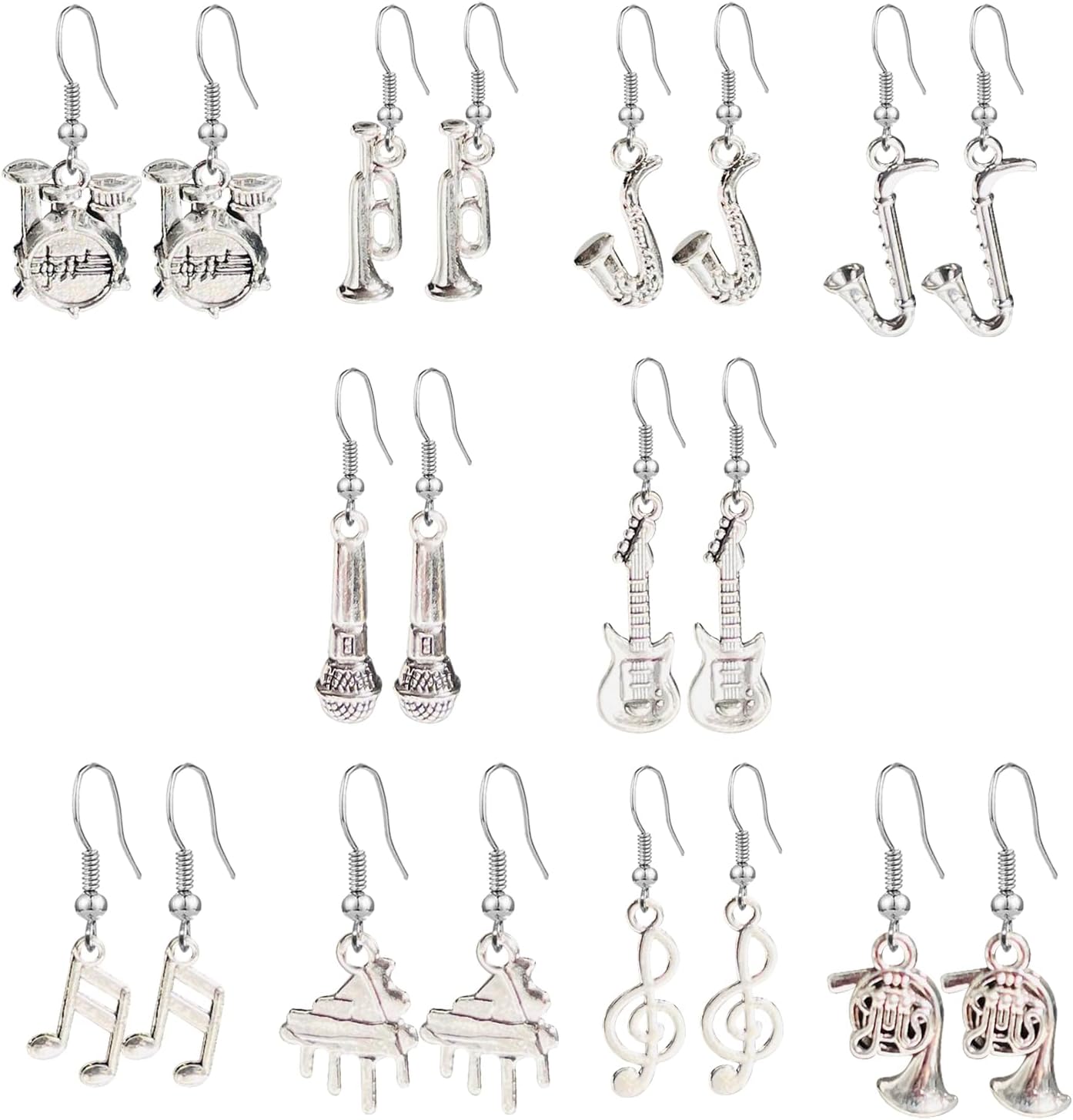 12 Pairs Handmade Music Drop Earrings Tool Axe Wrench Sets Tool Musical Instrument Guitar Violin Dangle Earrings for Women Music Lover