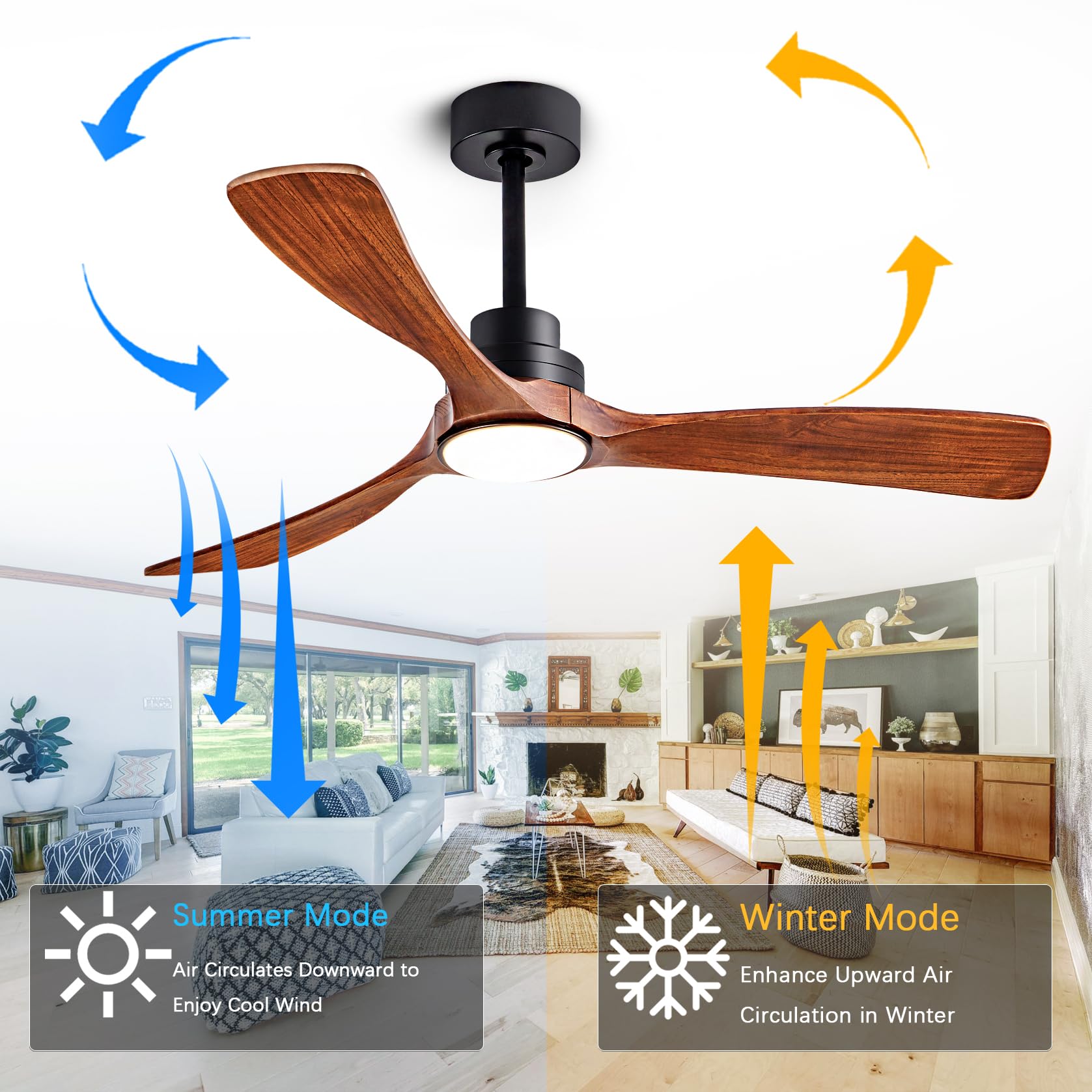 52 Inch Wood Ceiling Fans with Lights and Remote Control Indoor Memory Dimmable Light 3 Blades Noiseless Reversible — view 5