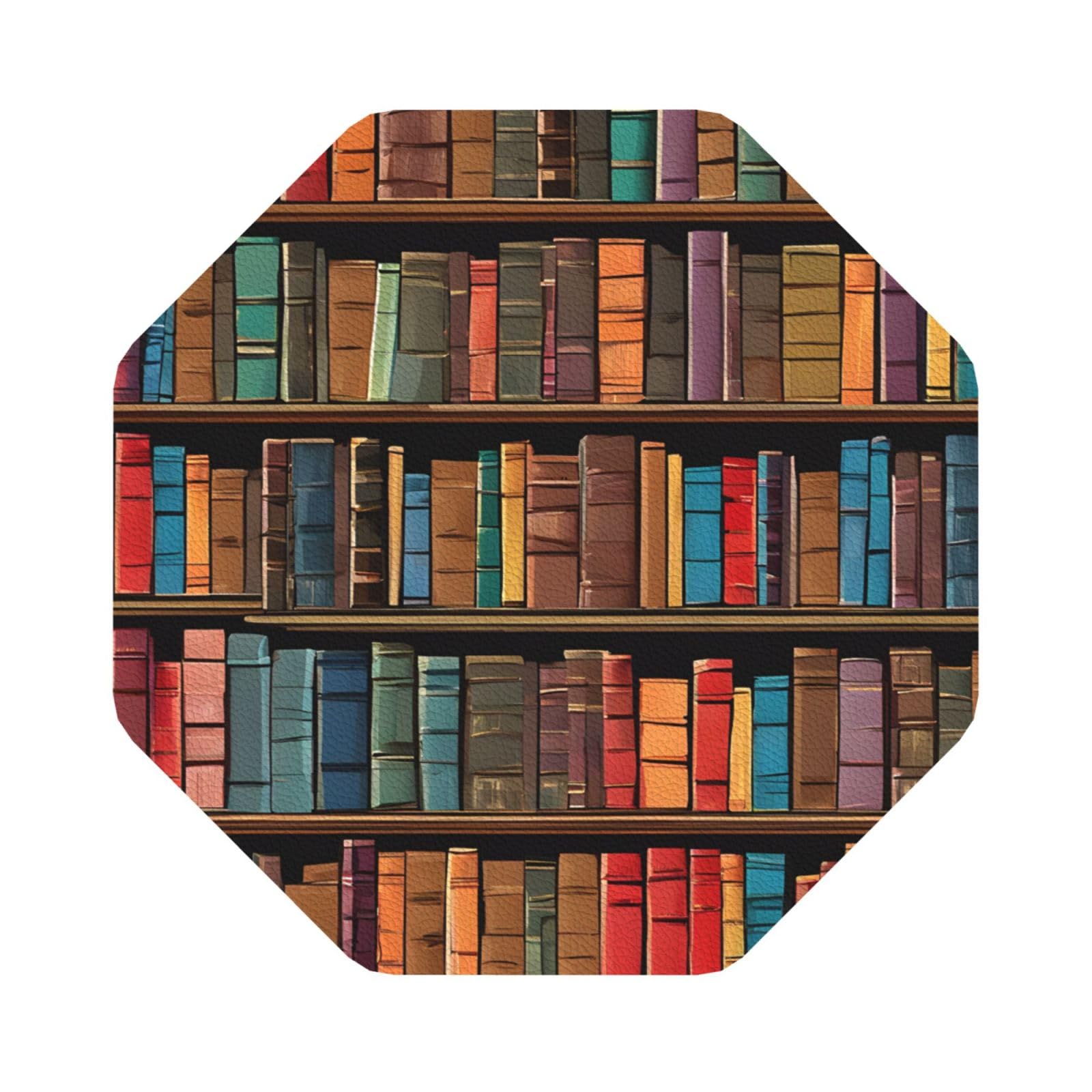 Aspoijhn Octagon (Library Bookshelf) Leather Coaster Set Of 6 Premium Drink Coasters For Home Office Restaurant Bar