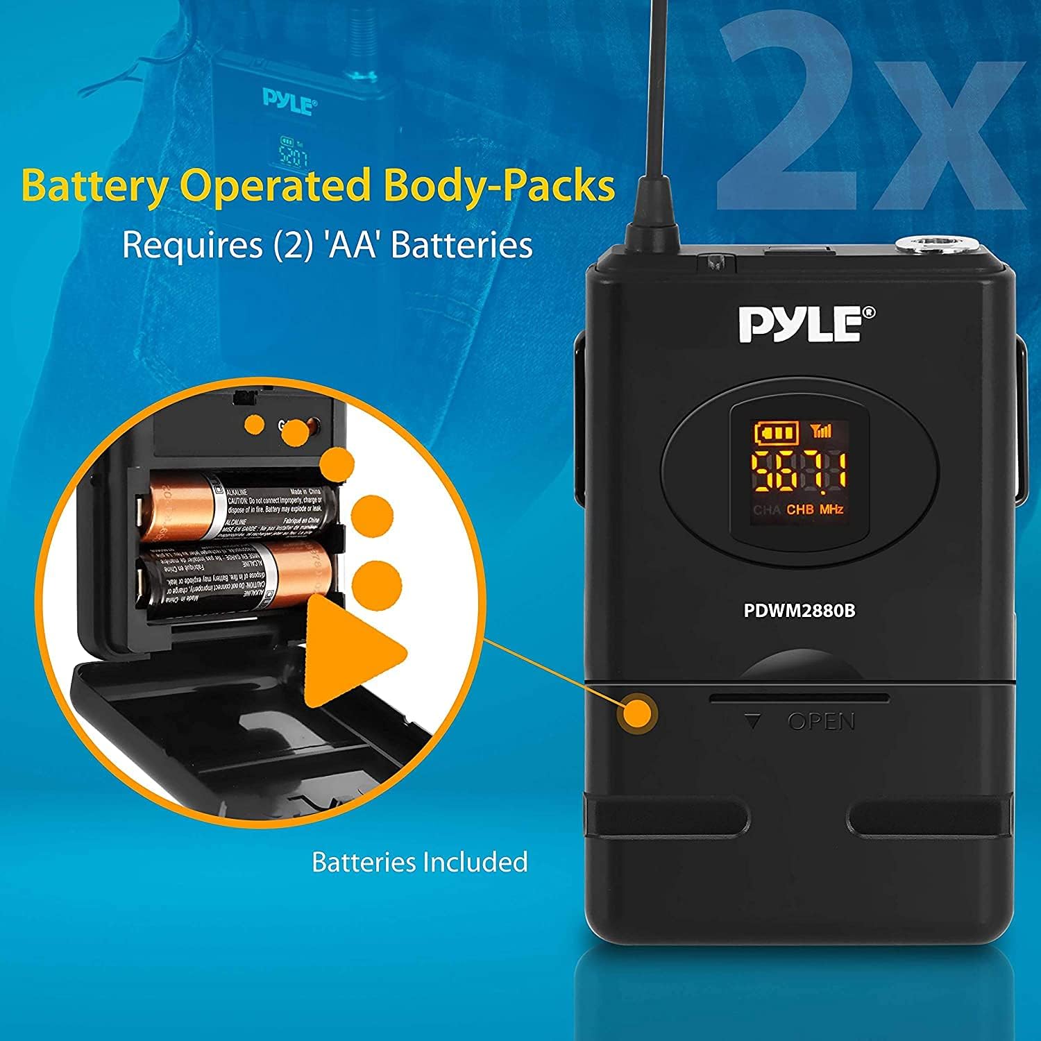 Pyle Compact UHF Wireless Microphone System-Pro Portable Dual Channel Desktop Digital Set w/ 2 Belt-Pack Transmitter, Receiver, 2 Headset Lavalier Mics, Battery, for Home PA (PDWM2880B.5) : Musical Instruments