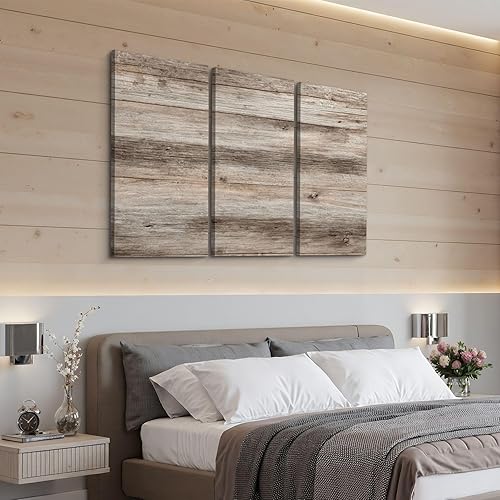 Miniatura 4 de 3 paneles de lienzo para pared, paneles de madera grunge marrón claro, tablones de pared antigua, póster vintage de madera impreso en lienzo, obras