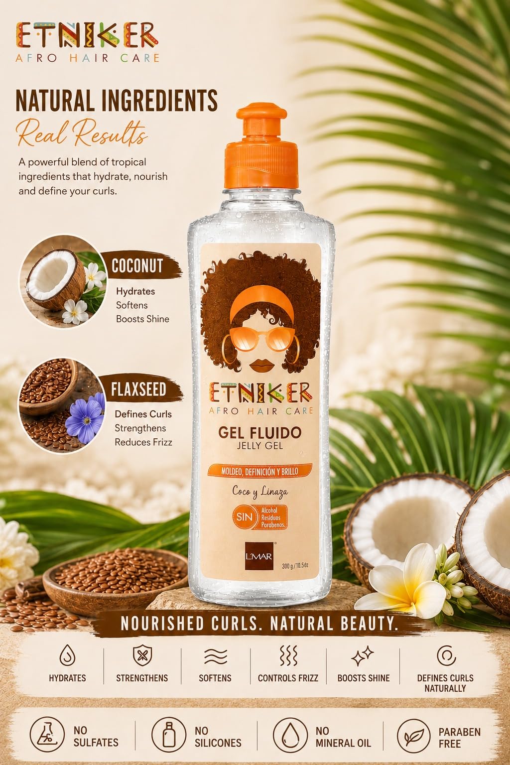 L'MAR Etniker Gel Afro Cuidado del Cabello Residuos sin Alcohol y Linaza, Gel Etniker Fluido Coco y Linaza Moldeo Definición y Brillo Sin Alcohol Residuos Parabenos 10.5Oz-300ml