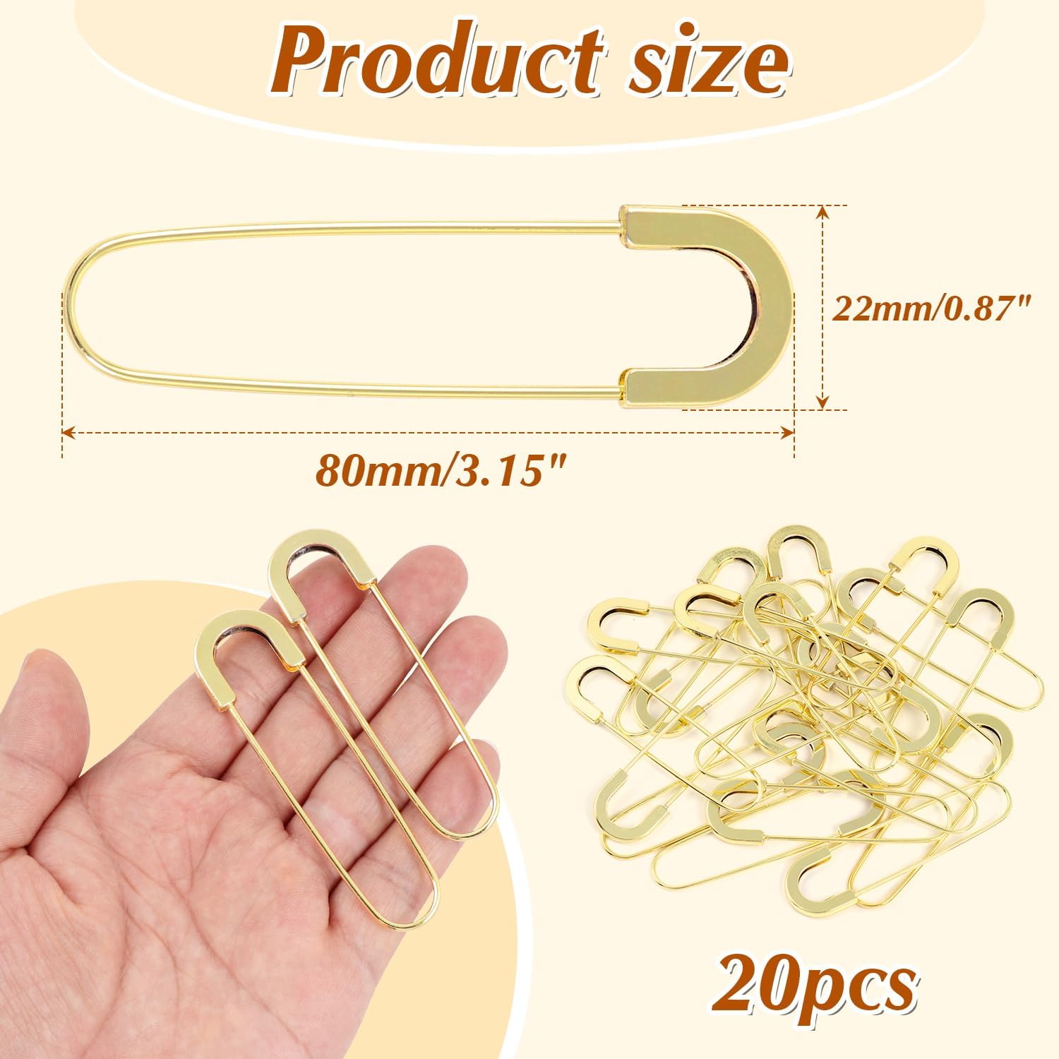 Extra Large Safety Pins Heavy Duty 3 Inch-20 PCS Coilless Pins Sewing Pin Brooches-Giant Gold Safety Pins Jumbo for Quilting, Clothes,Jewelry,Shawls, Crochet,Decorative(Pale gold-20pcs)