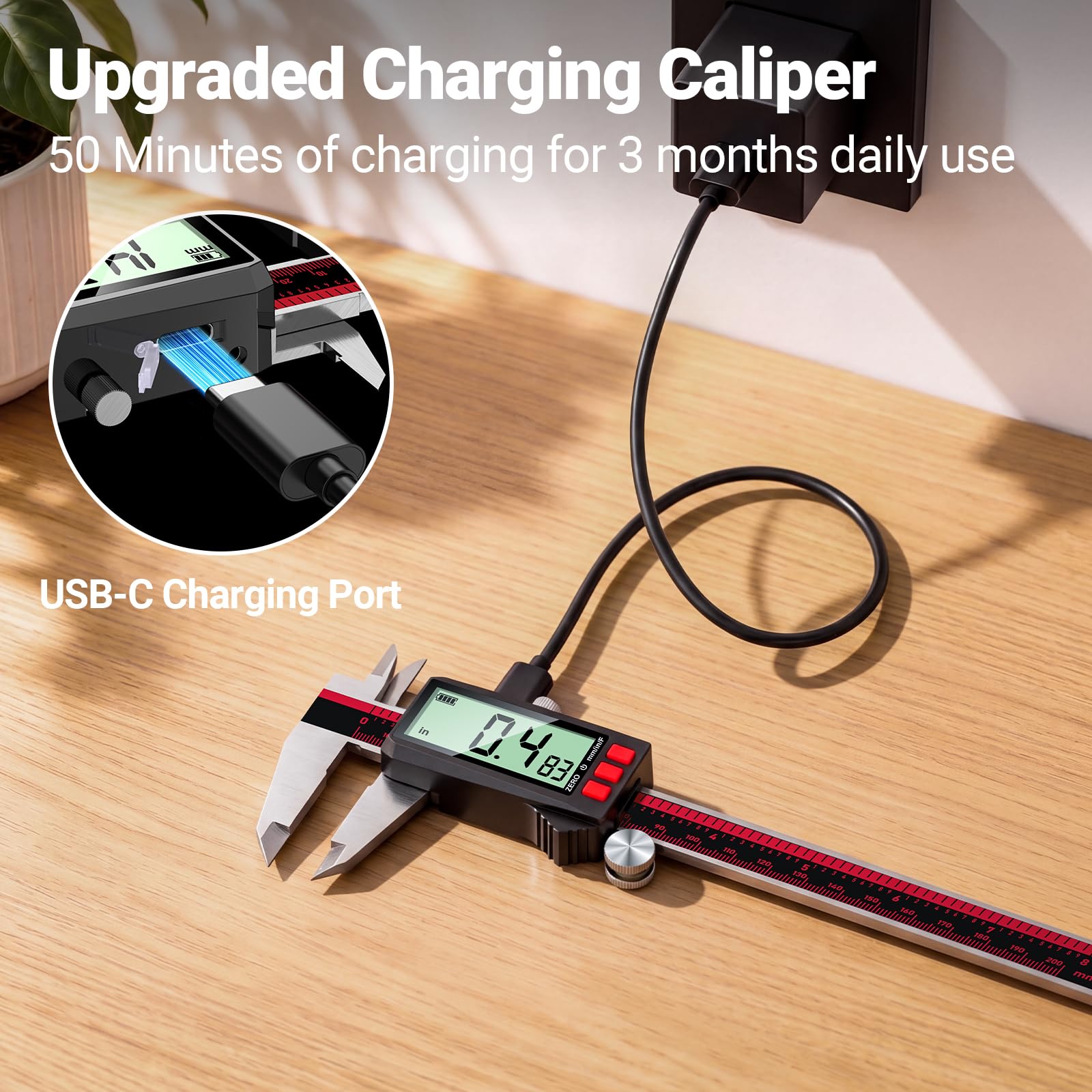 Calibrador digital de 8 pulgadas, calibradores recargables con pantalla LCD, pulgadas/mm/fracción, herramienta de medición de calibrador Vernier de acero inoxidable para bricolaje, hogar