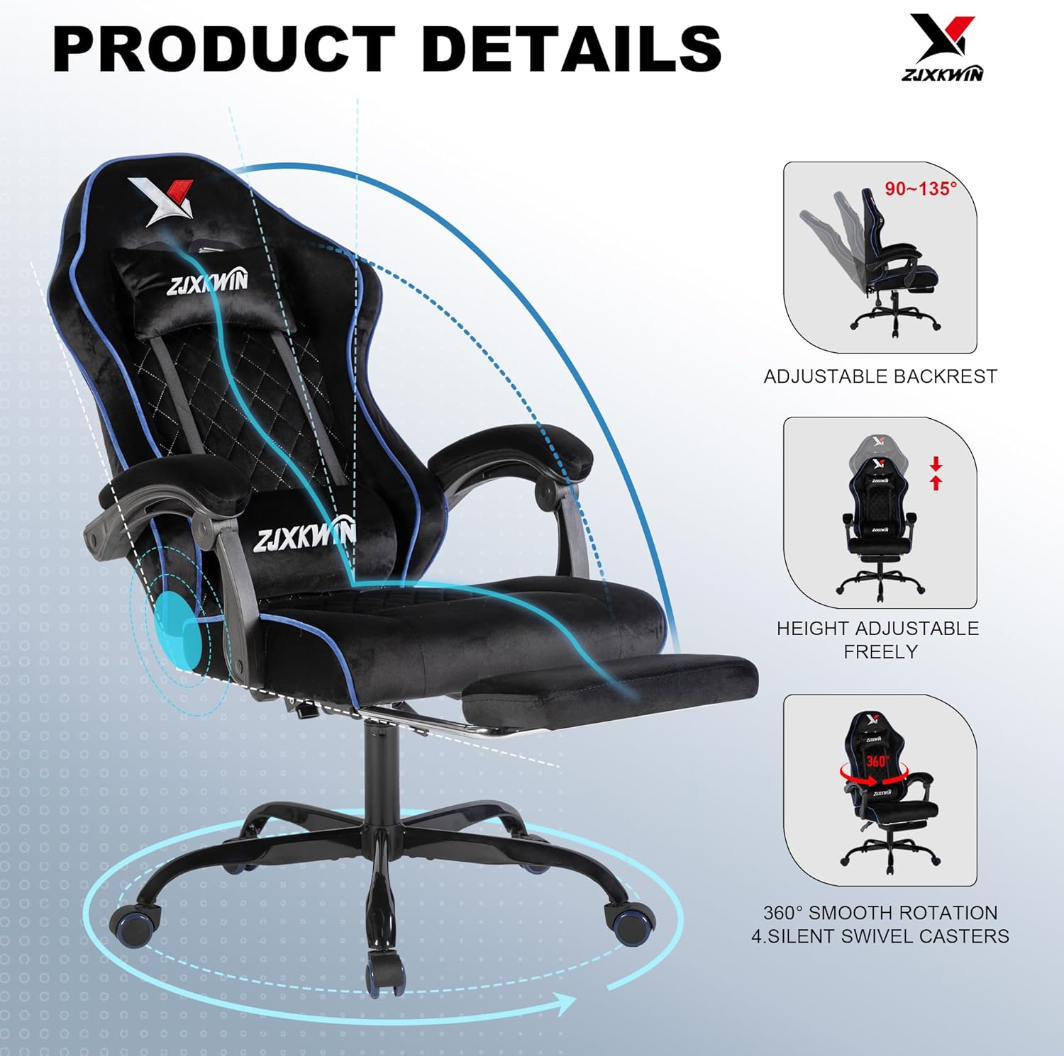 Velvet Gaming Chair, Ergonomic High Back Racing Chair with Footrest, Spring Wide Cushion, Adjustable Headrest & Lumbar Support, 90-135° Recline, 360° Swivel, 300lbs for Home Office, Blue