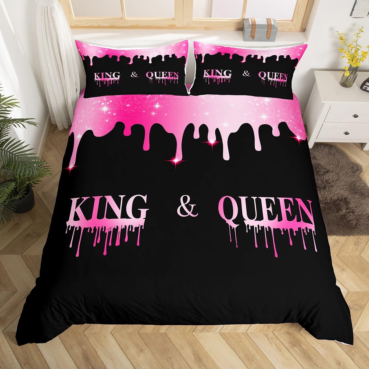 Homemissing Glitter Pink King King Bedding Set King Mr & Mrs for Couple Man Woman Duvet Cover Wedding Gifts Comforter Cover Adults Romantic Bedspread Cover 3Pcs With 2 Pillow Case (No Comforter)