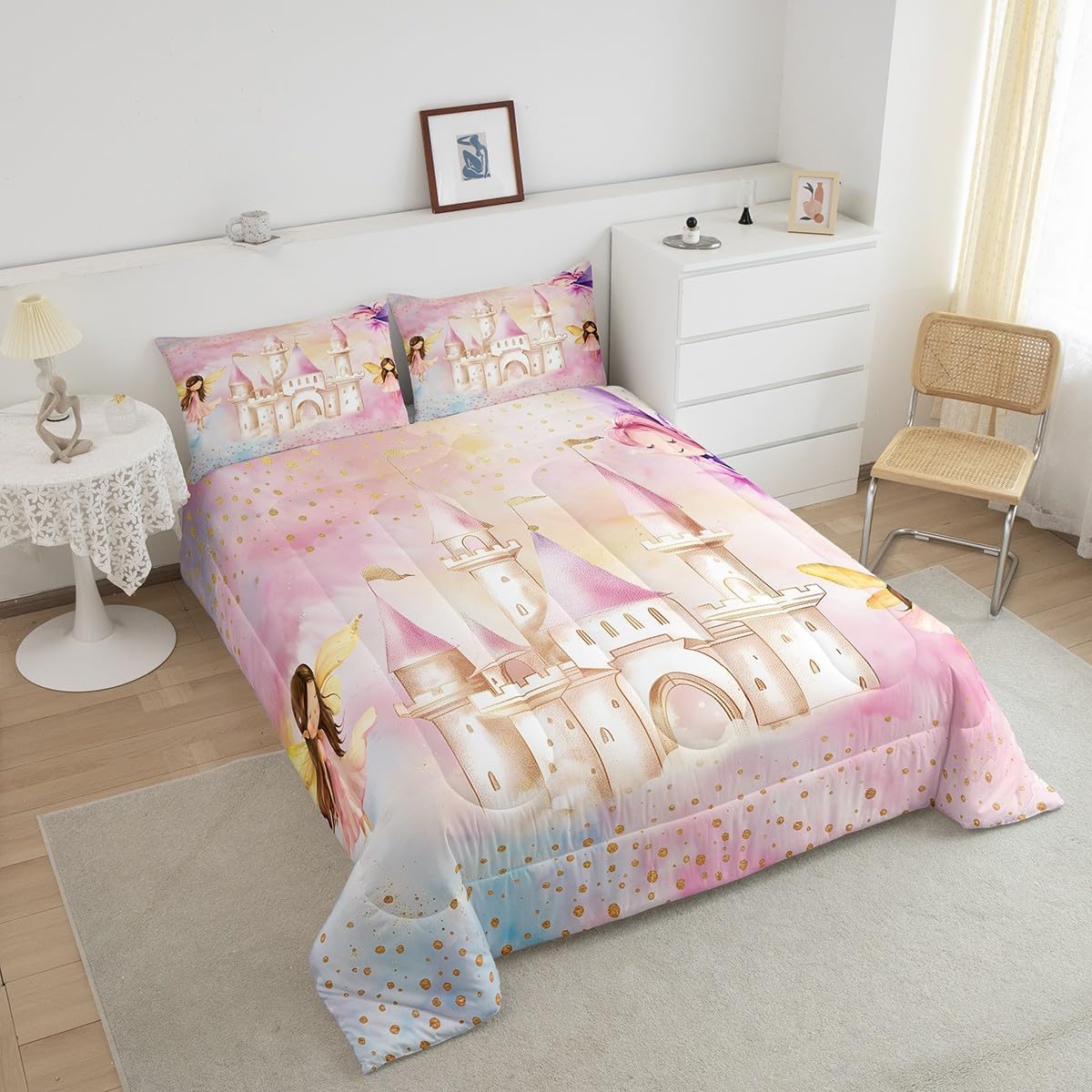 Erosebridal Princess Twin Bedding Sets for Girls,Pink Castle Fairy Comforter Set Kids Bedroom Decor,Dreamy Princess Bed Set,Fairy Garden Coquette Comforter Reversible with 1 Pillowcase,Ultra Soft