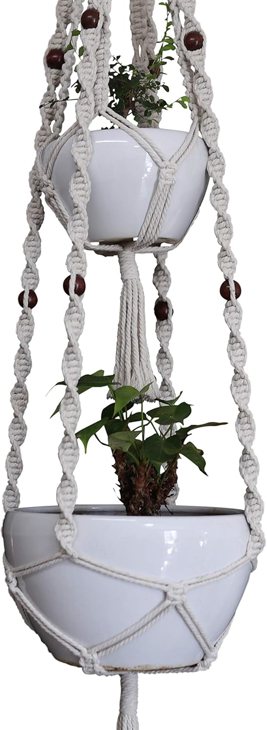 Macrame Plant Hanger & Holder, Hanging Planter 4 Legs Double Deck for 8 inch to 12 inch Two Pots Indoor Outdoor Hanging Planter Basket Hemp Rope 68 Inch Without Pot and Plant (Ivory White)