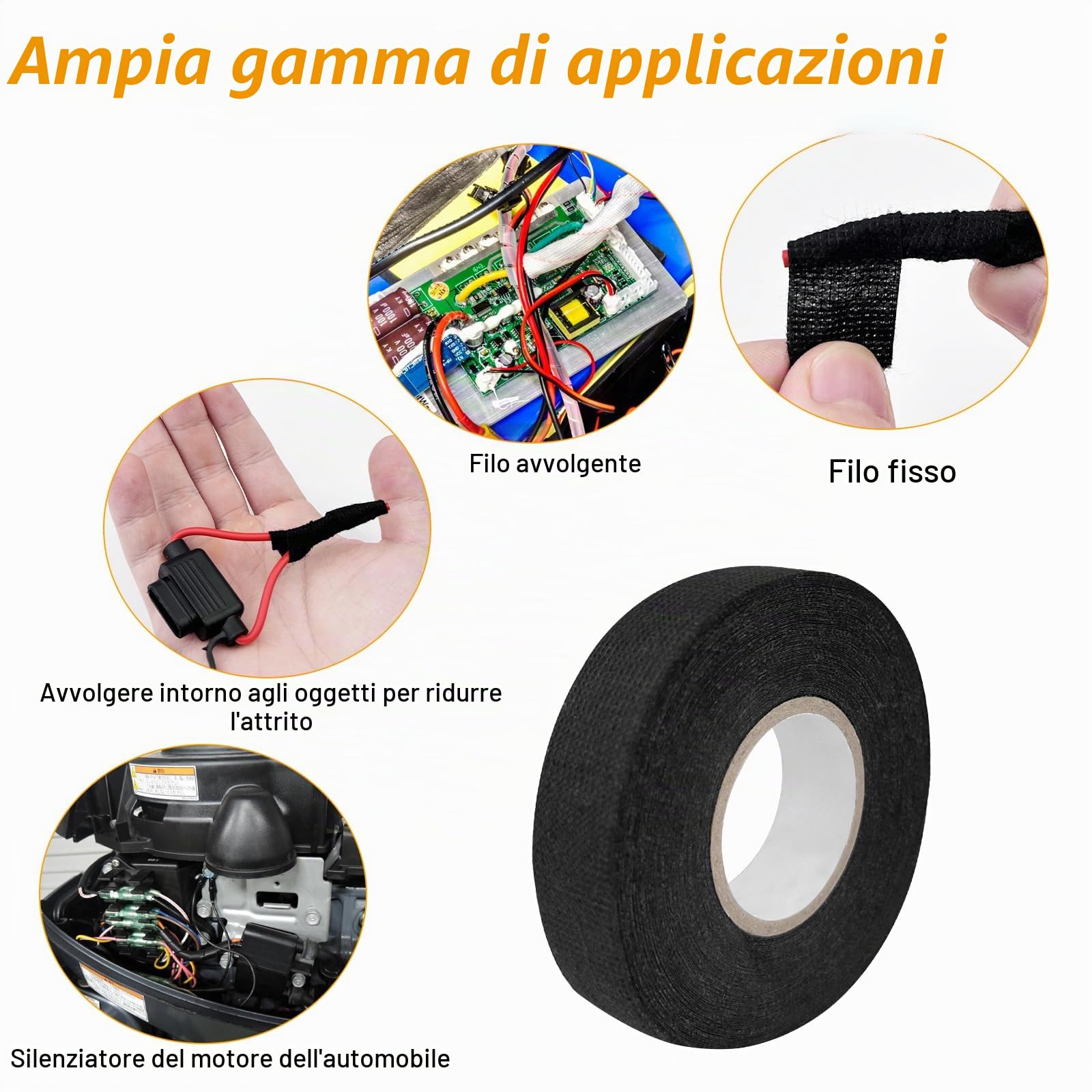 Lectorias 6 Pezzi Nastro Isolante, Nastro Adesivo Telato, Nastro in Tessuto | Nastro per Cablaggio Automobilistico per Auto, Nastro in Industriale Autoadesivo per Fili a Vista-Auto, Moto e Cavi