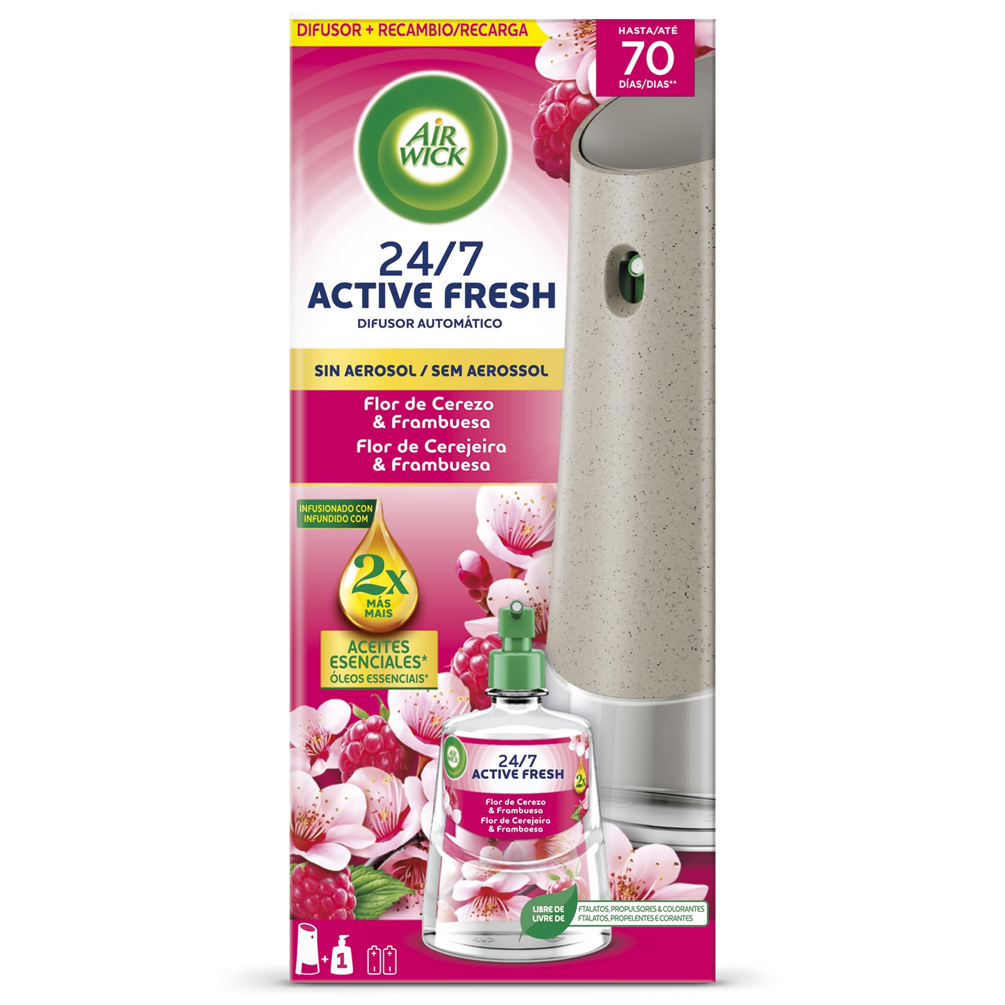 Air Wick Active Fresh Spray Automático Sin Aerosol - ambientador hogar neutralizador de olores con fragancia a Flor de Cerezo y Frambuesa, 2 veces más aceites esenciales