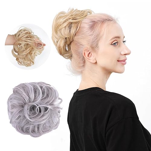 Miniatura 9 de Moño desordenado, moño sintético ondulado para coleta, extensiones de cabello rizado (rubio claro)