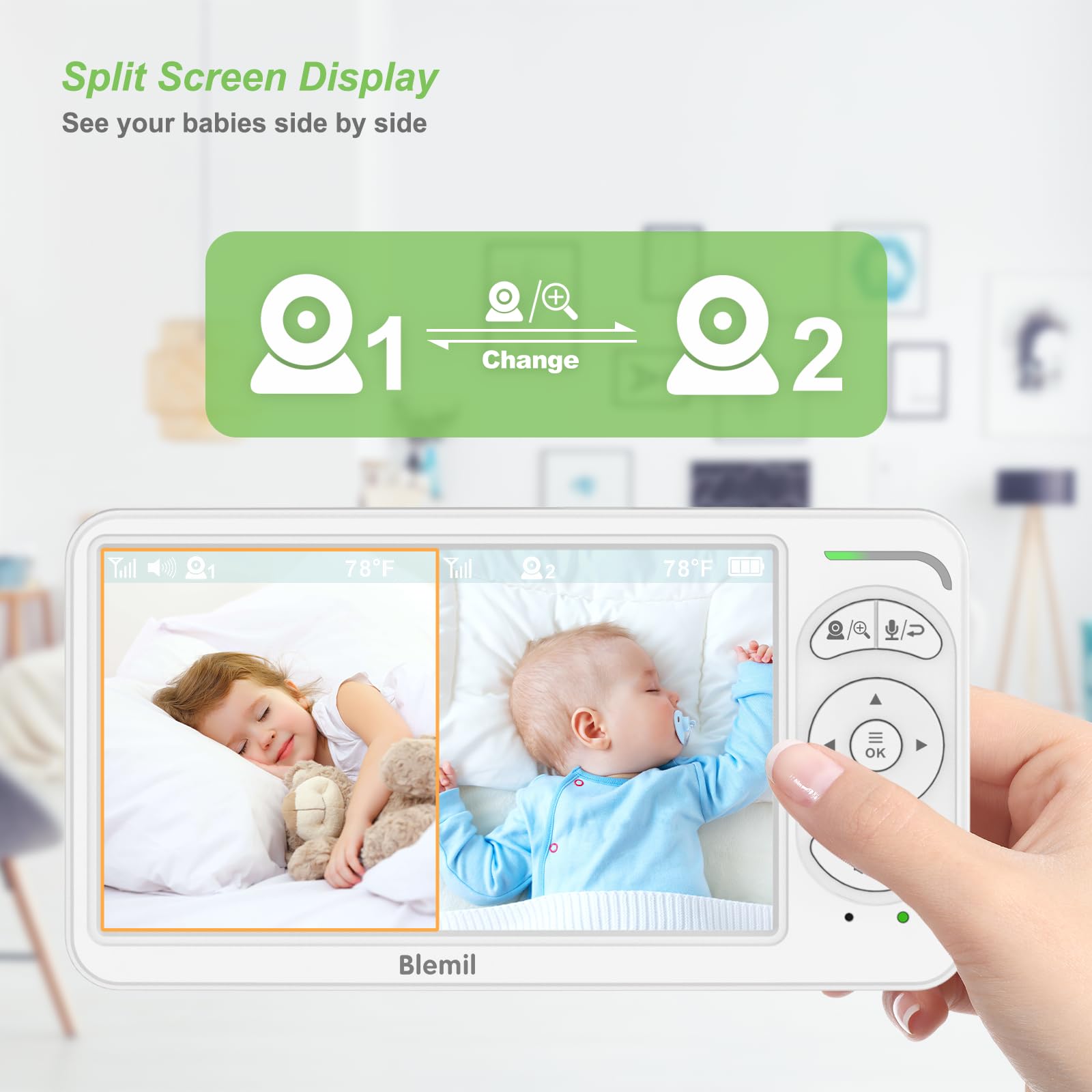 Blemil Baby monitor, Video Baby monitor con 2 telecamere e audio, 6 IPS grande schermo Split Screen Baby Monitor, Videomonitor telecamere con chiara visione notturna e 30 ore di durata della batteria | Baby monitor No WiFi, PTZ remoto, ECO, visione nottur